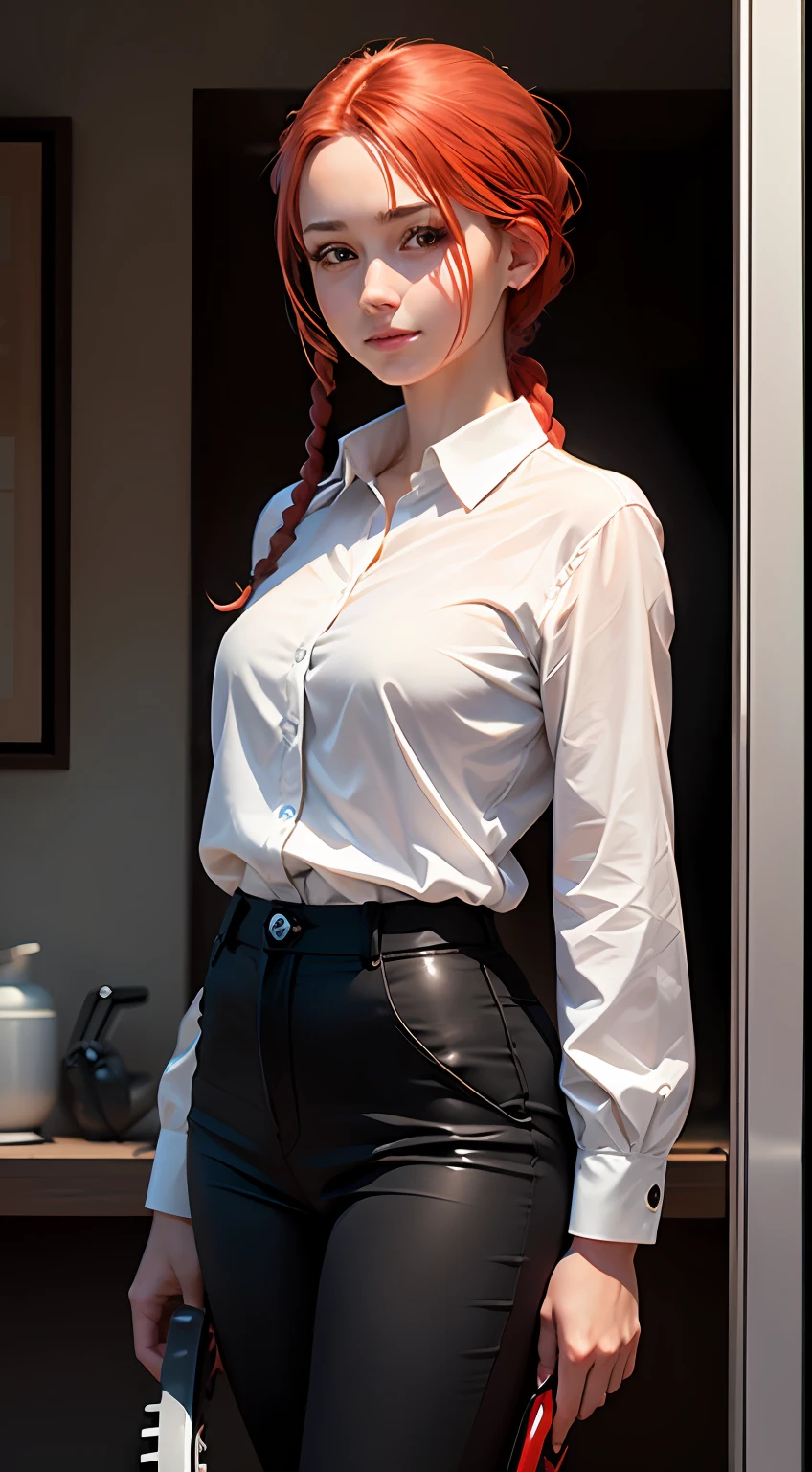 Delicate shiny skin, (realistic, fidelity:1.4), a beautiful girl, standing, looking out the window, white shirt, collared shirt, black tie, black pants, long sleeves, slight smile (nose red), yellow eyes + round eyes, short hair + red hair + long braids, makima \ (chainsaw man\) --auto
