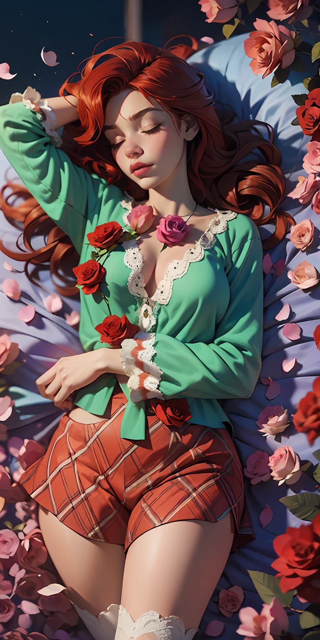 The Sleeping Woman, Realistic, She is dressed in pajamas, red hair color, parallax, Ultra Hyper Mega Contrast, sleeps on rose petals,
