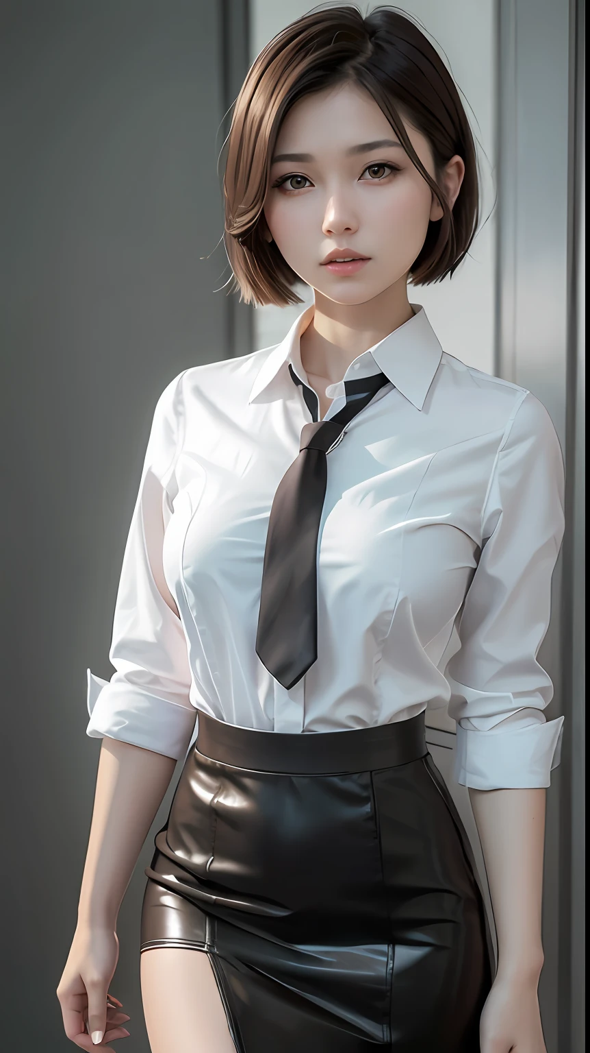 Delicate shiny skin, (realistic, fidelity:1.4), a beautiful girl, standing, looking out the window, white shirt, collared shirt, black tie, black pants, long sleeves, slight smile (nose red), yellow eyes + round eyes, short hair + red hair + long braids, makima \ (chainsaw man\) --auto