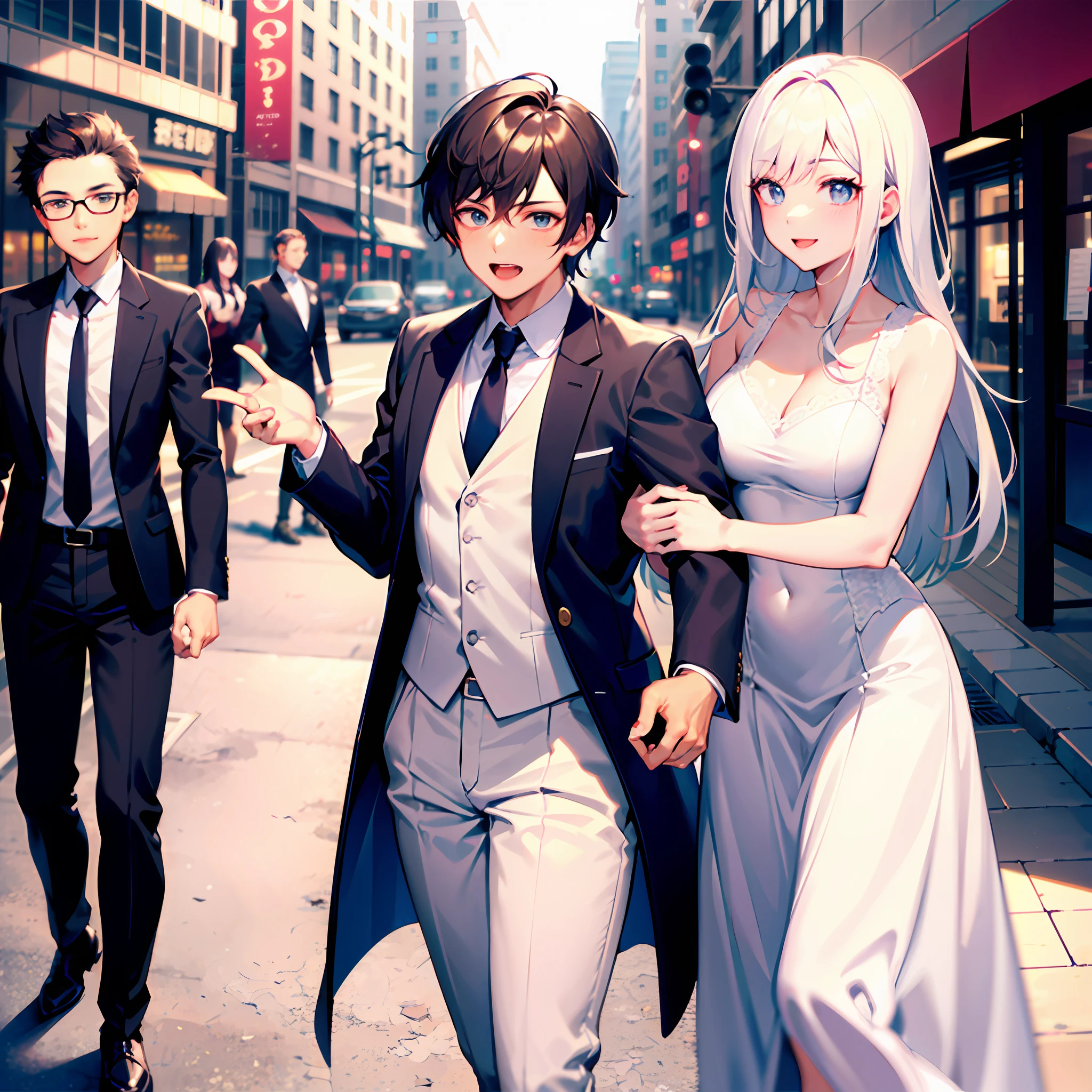 (Morning),two guys，a young man and a woman，Kizi, white dresses：1.2），Impeccable，prette，Excellent figure，（Pulling a young man in a suit：1.3），Hugged，puss，（夏天，Cowboy shooting，(downtown area)，Cowboy shooting，（brunette color hair：1.3），
