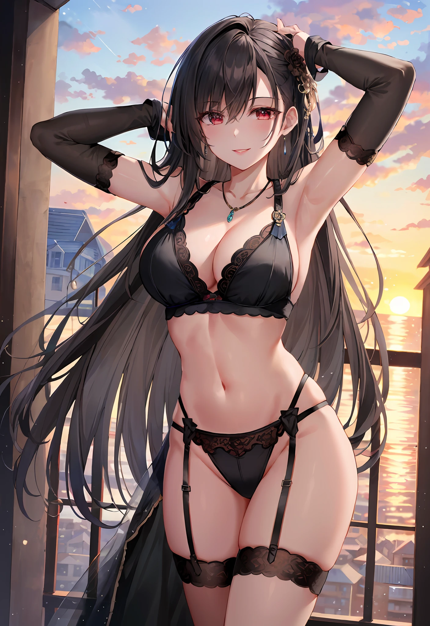 (8k, best quality, masterpiece:1.2),(best quality:1.0),ultra highres:1.0, extremely detailed, render, 4k, absurdres, HDR, looking at viewer, lingerie, garter straps, intricate costume, costume design, ornate, opulent, jewelry, necklace, straps, elbow gloves, sexy, lips, parted lips, smiling, medium breasts:1.3, medium full shot, hotel balcony, sunset, evening sky, wind, breeze:1.2, armpits, arms up, tifa lockhart, tifa