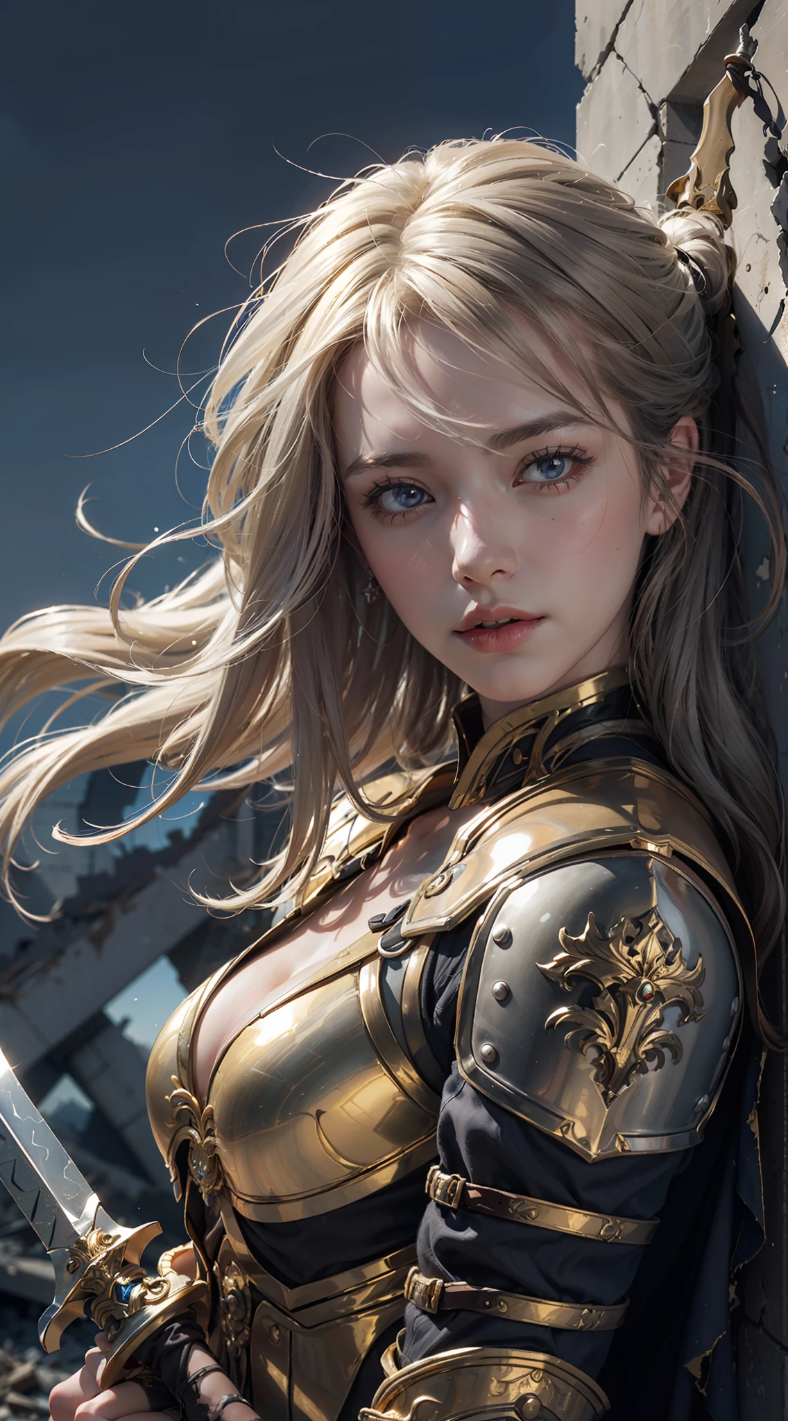 ((Woman, standing on a ruined building, close-up, realistic)) realistic visuals, artistic sophistication, captivating beauty, dramatic contrasts, 8k wallpaper, absurdity, incredible absurdity, golden armor, gadaxintai gaodanvshen, (holding silver sword)), hair floating in the air, ((in battle))