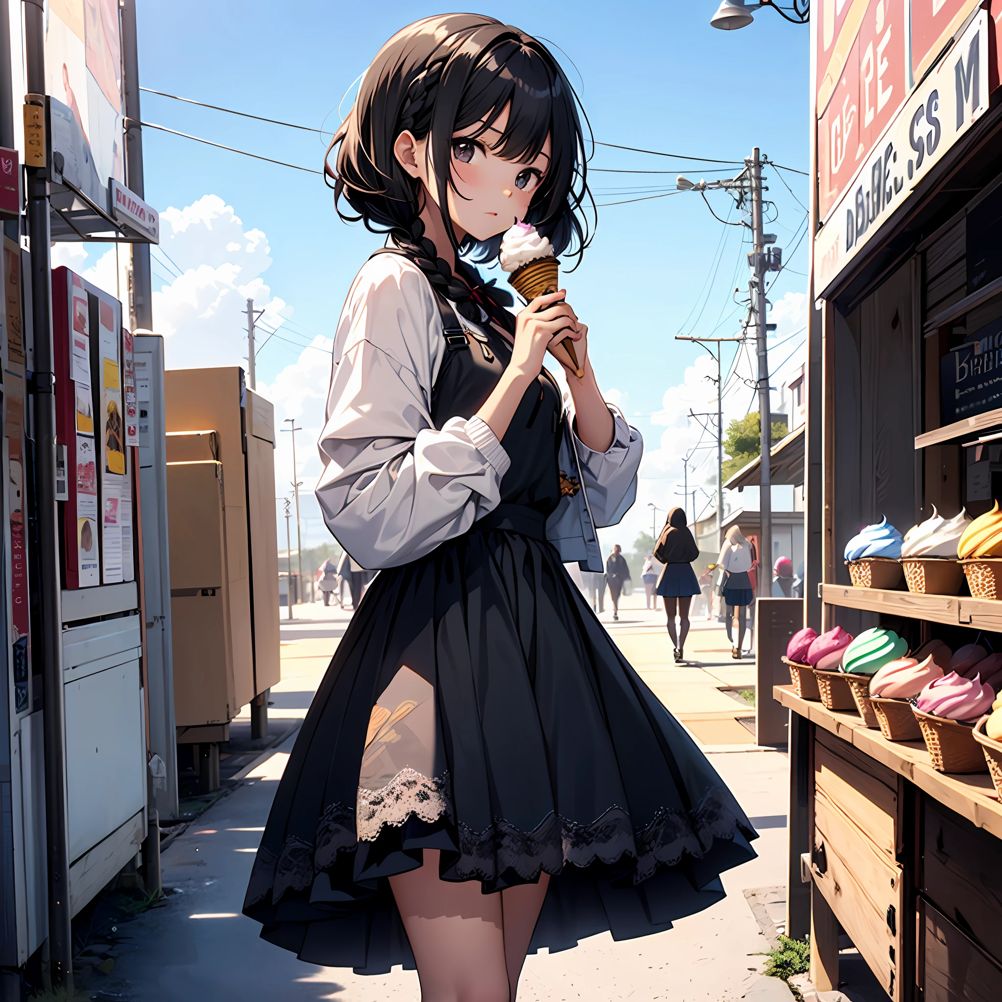 There is only one girl in the picture,Short black hair with braids underneath,Blue lace-up skirt,Black doll shoes,Black eyes,Air bangs,In the background are the sky,Place one hand on the side of the leg,Holding ice cream in the other hand,cuteexpression,HighestQuali,Need,A detailed,blue skirts