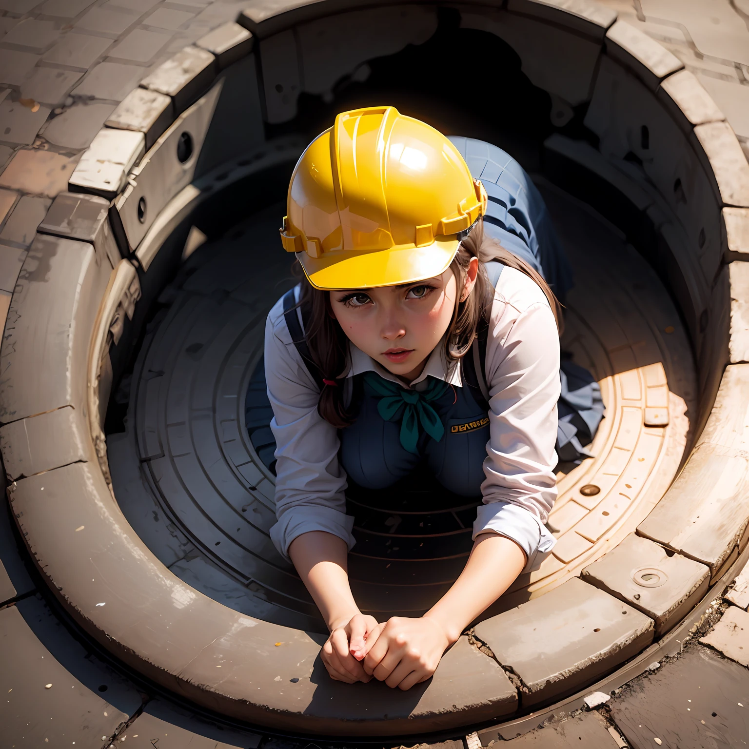 schoolgirls，Wear a yellow hard hat，Come out of the manhole cover，adolable --auto