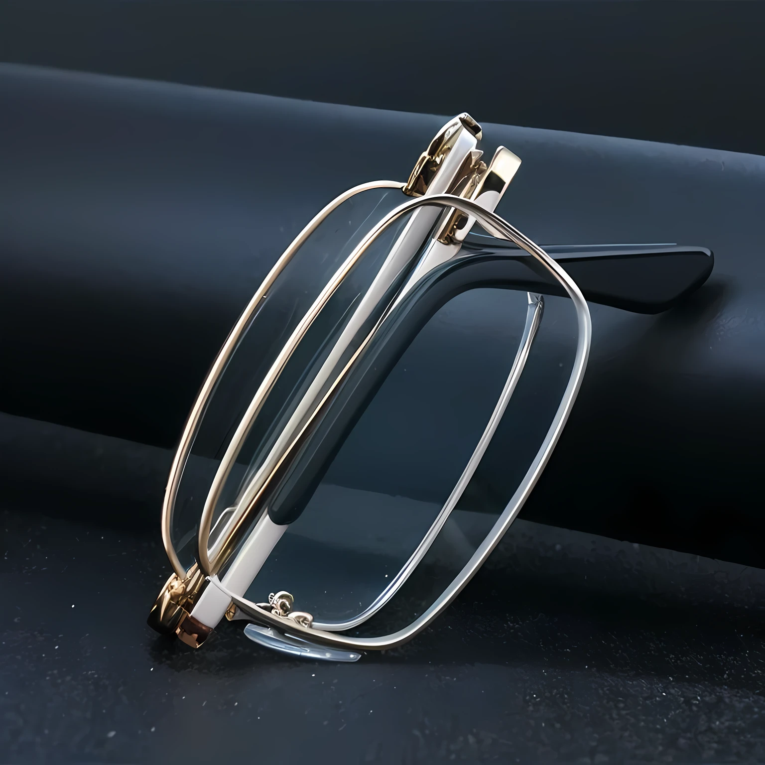 There is a pair of glasses sitting on a black surface, silver small small small glasses, reading glasses, full - length view. white plastic, small square glasses, with square glasses, High quality detailing, High quality], rimless eyewears, eye glass, right angled view, Rectangular, high detal, Small glasses, spectacle, high resolution, high resolution