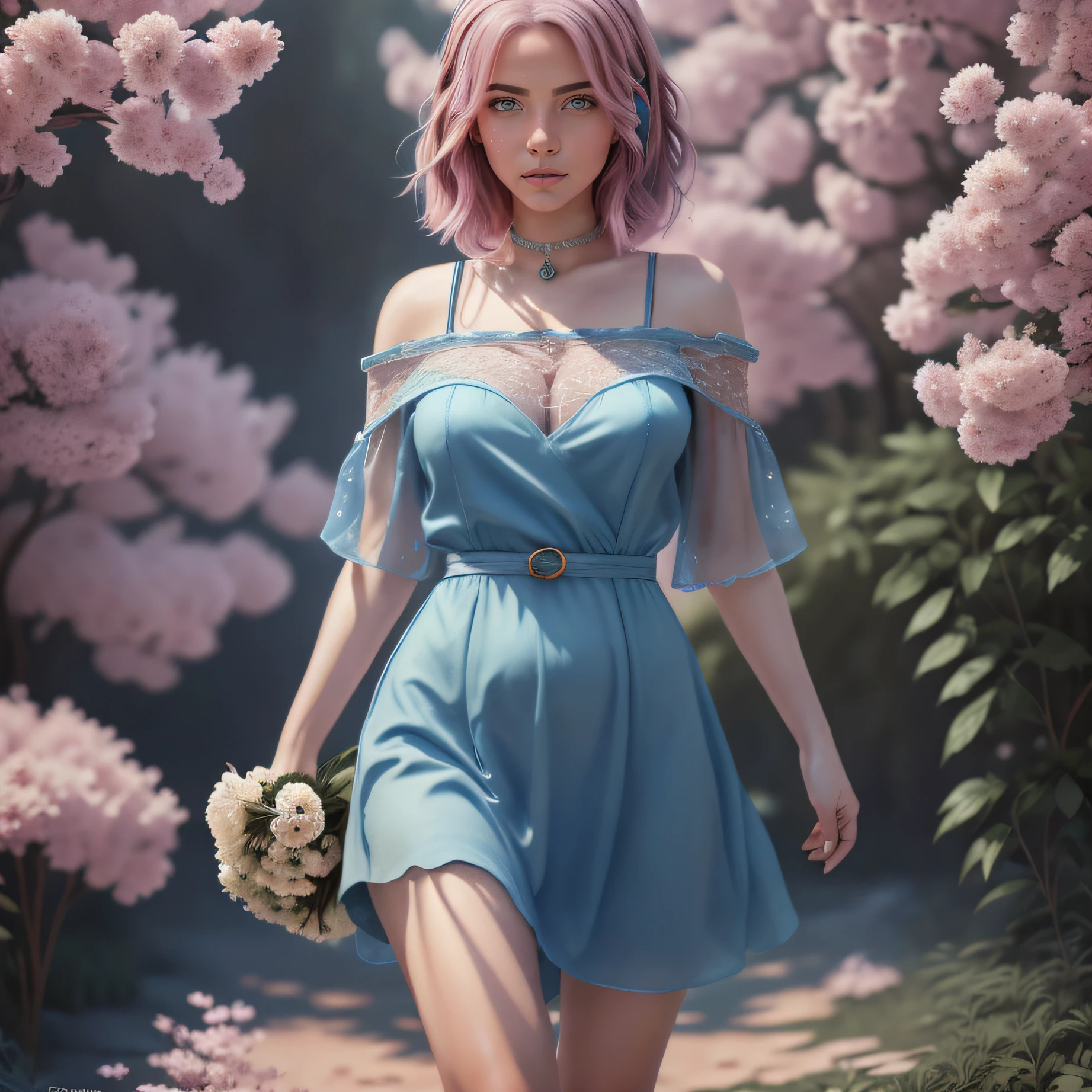 Imagen de una mujer con cabello rosa y vestido azul sosteniendo un ramo de flores, ojos azules ligeramente mareados, cara fina, Beautiful Rendering, Hermoso retrato de renderizado, Muy hermoso renderizado, Arte digital, Hermosa obra de arte digital, Hermoso fotorrealismo, Ilustraciones digitales detalladas, Renderizado vertical, Estilo de renderizado, Hermoso arte digital, realistic illustration, persephone in spring, Magnificent digital art, elegante, Altamente detallado, centrado, Pintura digital, Entorno hiperrealista, realista, Cinematographer, octano, a high definition, Profundidad de campo , Bokeh, 8k, Concept Art Eric Zener Elson Peter Cinematic Blue Light Low Angle HD 8k Sharp Poca profundidad de campo