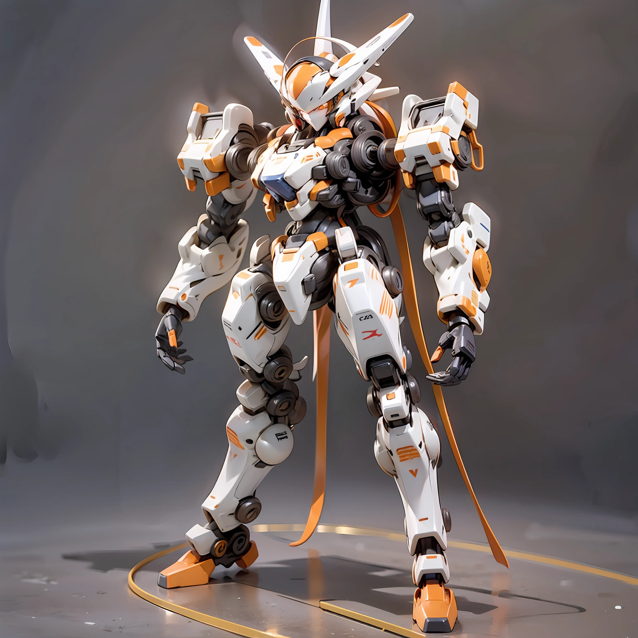 blind box toy style, full body, a mecha, white body, black and orange arms, black legs, standing, foot stand