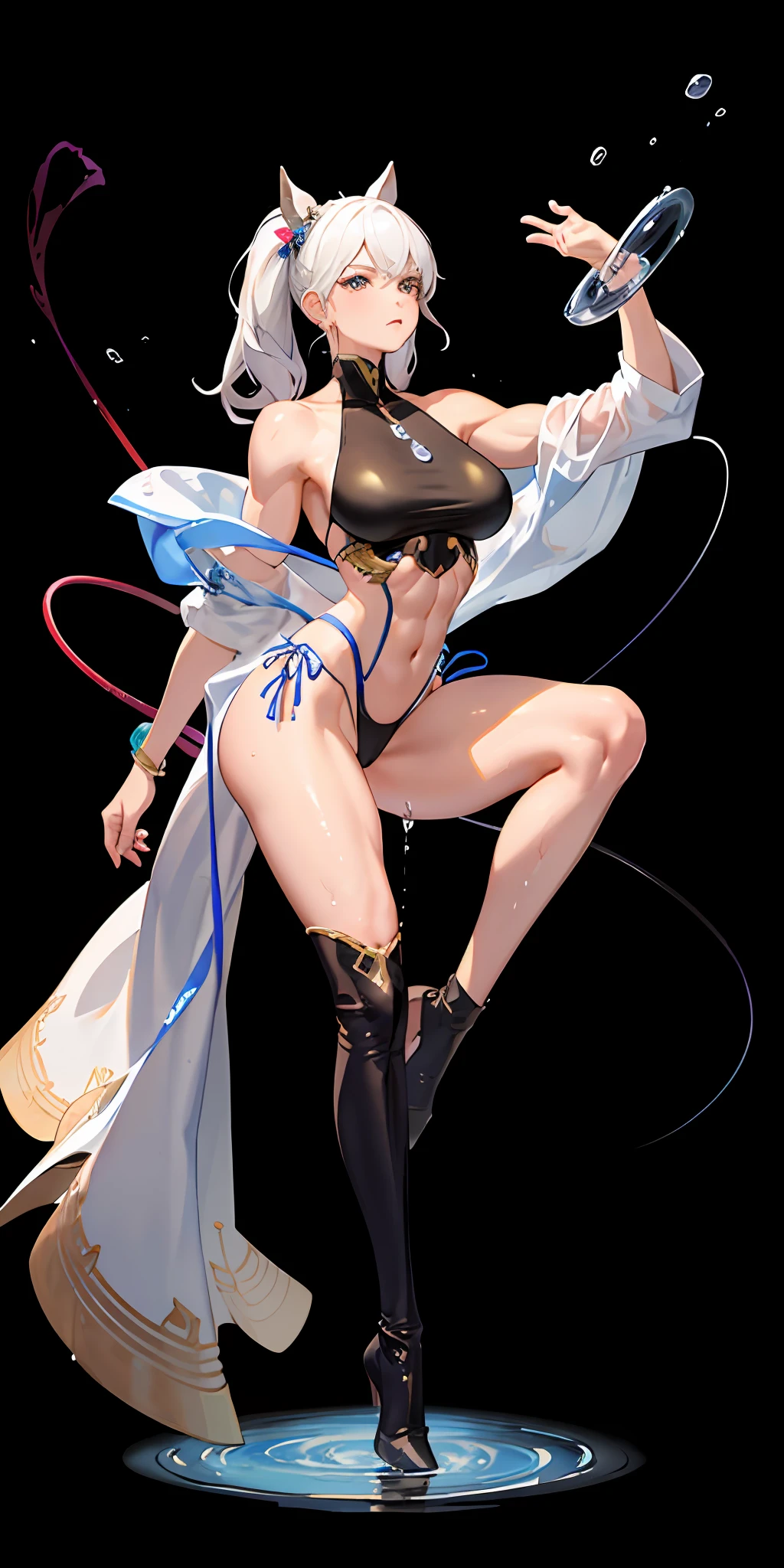Only sensitive areas are obscured,Underboob,under boob,Show all but sensitive parts,sideboob,drench,Cover only the middle of the chest,Expose the upper part of the chest,Expose the side of the chest,Soaked,There is no obstruction on the upper, lower, left, and right sides of the chest, the ultimate chest, exceeding the normal proportion of the chest, and the ultimate leg,transparent,Leg lift,There is no connection in the middle of the chest, raised legs,Damaged clothes, hollowed out designs, and intertwined clothing designs, exposing 99% of the chest ,Burst boob,Expose clavicle,Leg opening,Open your legs,Expose upper chest,transparent,Oil shiny and smooth,Realistic details,Exaggerated body proportions,A straight chest,Clothing that blends with the body,Aggressive, bold,Loose clothing,Super Realistic,Blowing bullets can break, smooth and fair, muscle details, Muscular development,Brightness improvement,Larger chest,big breasts thin waist,beautifullegs,long leges,Raise your legs,Elevate the legs,One word horse,Elevate your legs,Open your legs,spreads her legs apart,soaking wet,Get wet,Drenched,strong,musculature,Robust,bodybuilding,White hair,dancing posture,knee boot,over knee socks,Over-the-knee boots,Three times larger than normal chest