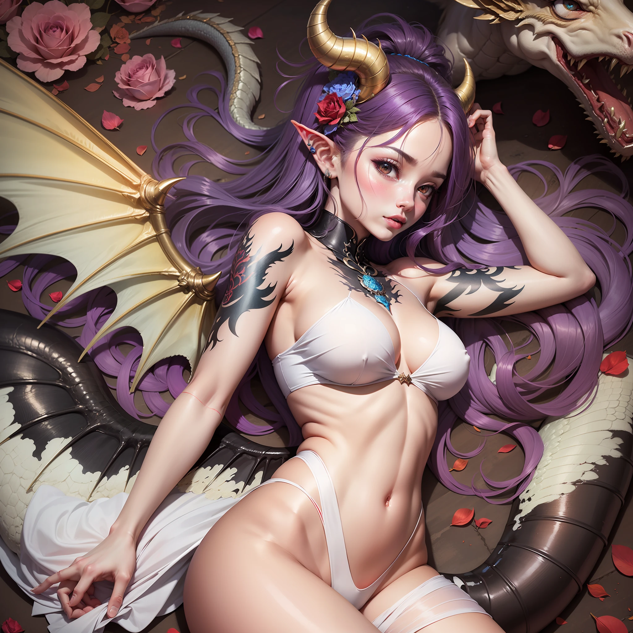 offcial art,Unity 8k壁纸,ultra - detailed,Beauty and aesthetics,tmasterpiece,tmasterpiece,Need,Premium quality,one-girl,Lie on the ground and burn,Surrounded by flames,Very sexy,There is a red tattoo on the chest,Shirtless,revealing breasts,Dragon girl,cow horn,Dragon's horn,red - eyed,white colors,Open sleeves,pointy ears,White dress,Basin curtain,Spread the buttocks apart,hair adornments,cropped shoulder,Busty,droopy bosom,Blushing and shyness,Wings,Dragon wings,Deep purple hair,There are rose petals on the ground,k hd,8K