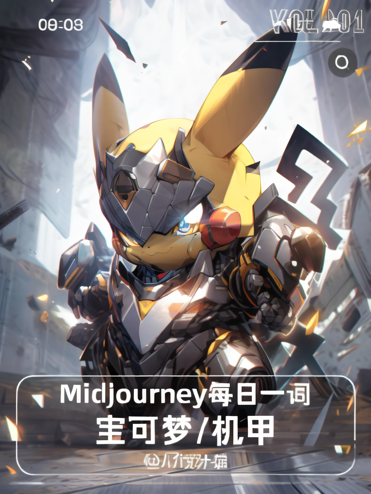 pokemmo,Pokémon,Pikachu,Wearing steel armor,eyes glowing,One hundred thousand volts,Strike in a fighting stance,Four-thirds side,shockwave,Glare,metalictexture,higher details,Perfect image,epic lighting,Cinematic lighting,salama,canyons,urban skyline,glowing light eyes,Look at the viewer,3d,8k。