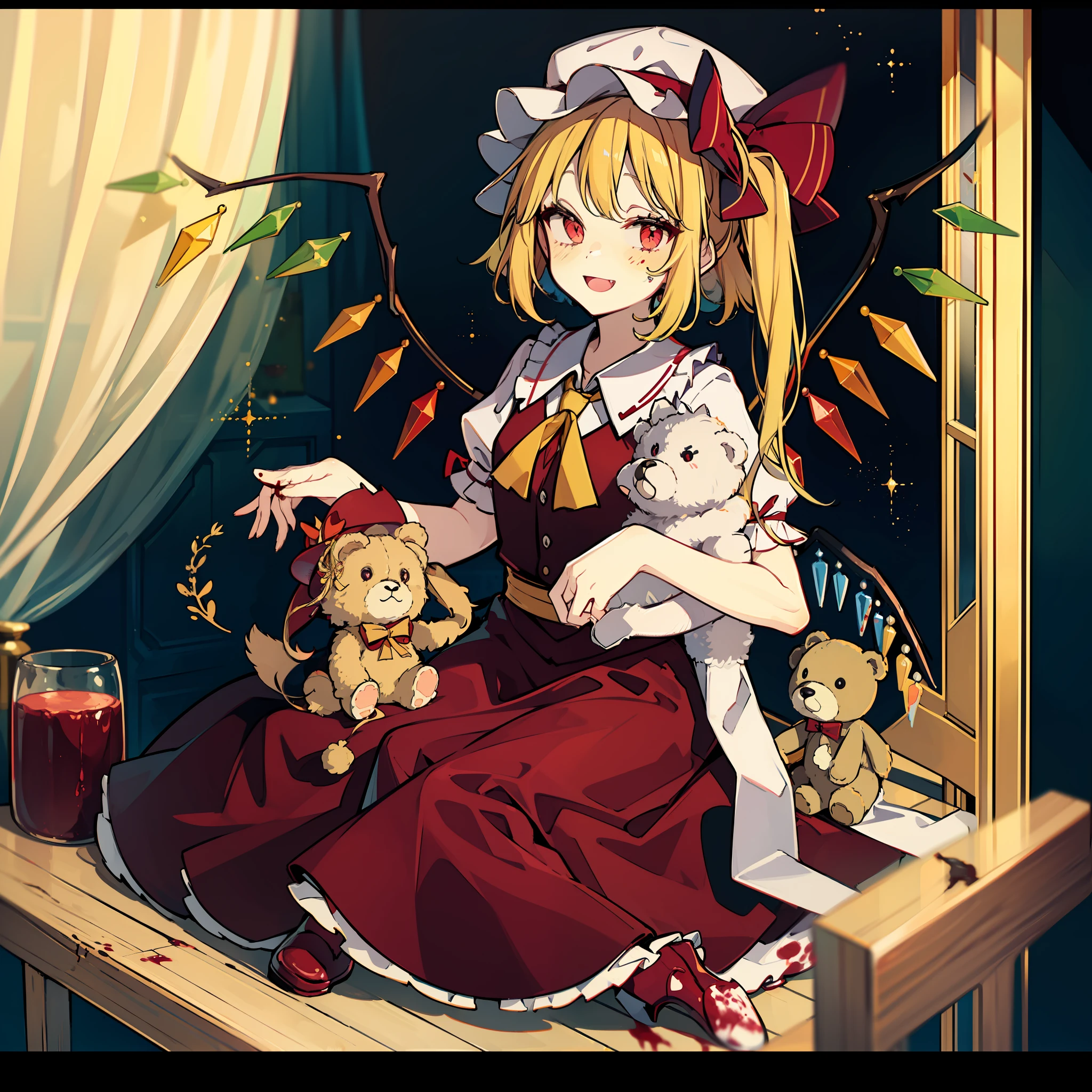 an anime is a cartoon character in a dress painting with blood on her hands, 1girl, flandre scarlet, hat, mob cap, solo, blonde hair, teddy bear, red eyes, wings, window, red footwear, stuffed toy, stuffed animal, one side up, looking at viewer, vase, ribbon, flower, open mouth, curtains, full body, table, smile, short sleeves, red ribbon, white socks, shoes, white headwear, skirt, puffy short sleeves