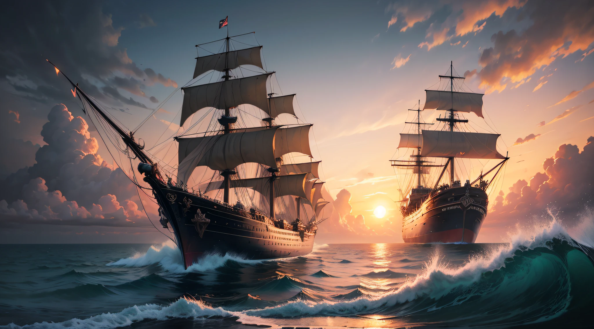 painting of a ship in the ocean with a sunset in the background, detailed cover artwork, amazing wallpaper, pirate ship, old pirate ship, gothic ship on ocean, 4k highly detailed digital art, burning ships, inspired by gaston bussiere, by Roman Bezpalkiv, detailed painting 4 k, by Arthur Pan, by Aleksander Gine --auto