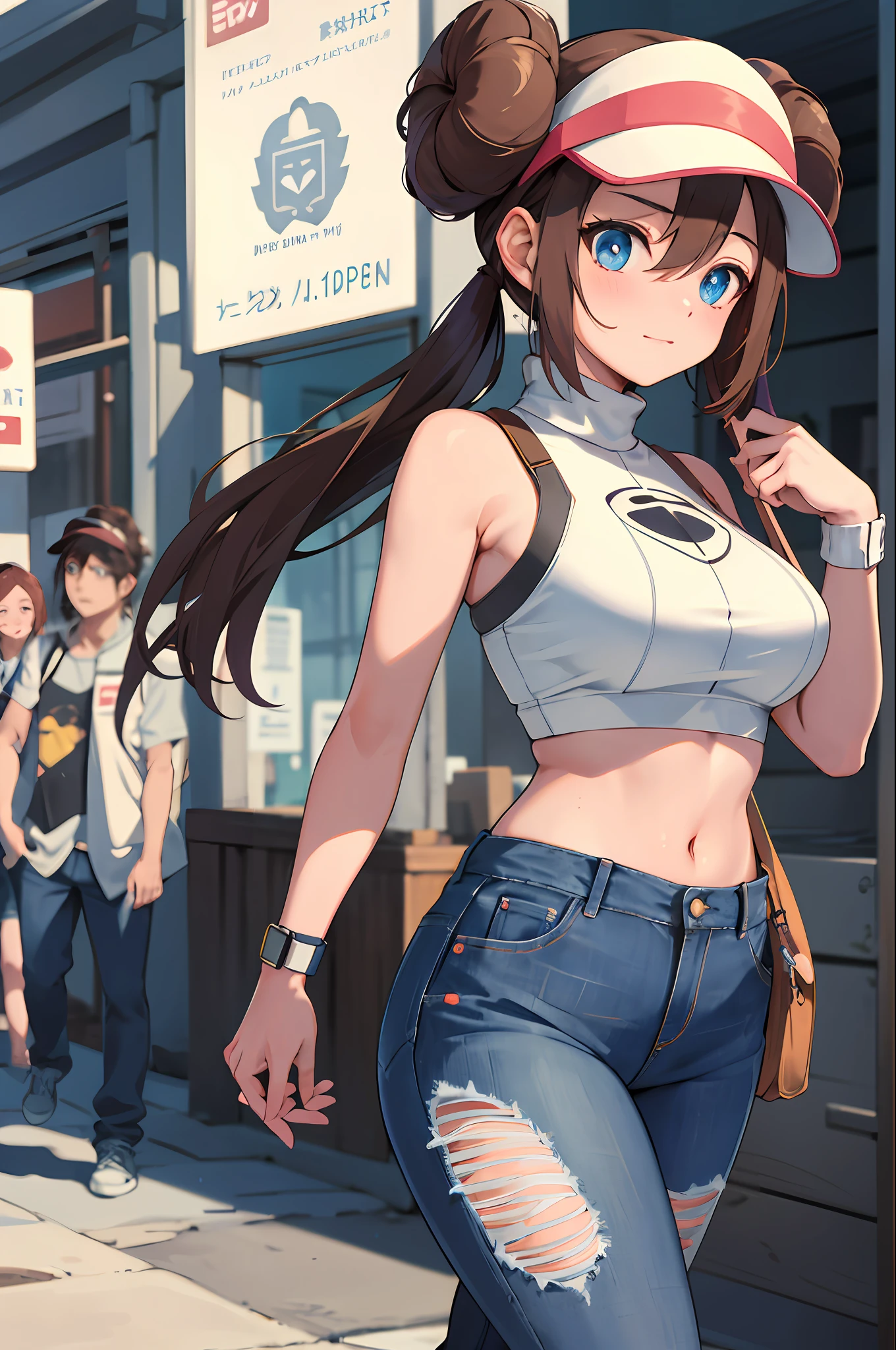 masterpiece, best quality, highres, ro1, hair bun, blue eyes, twintails, visor cap, turtleneck sweater, sleeveless, midriff, torn legwear, jeans, street, standing, walking, large breasts,