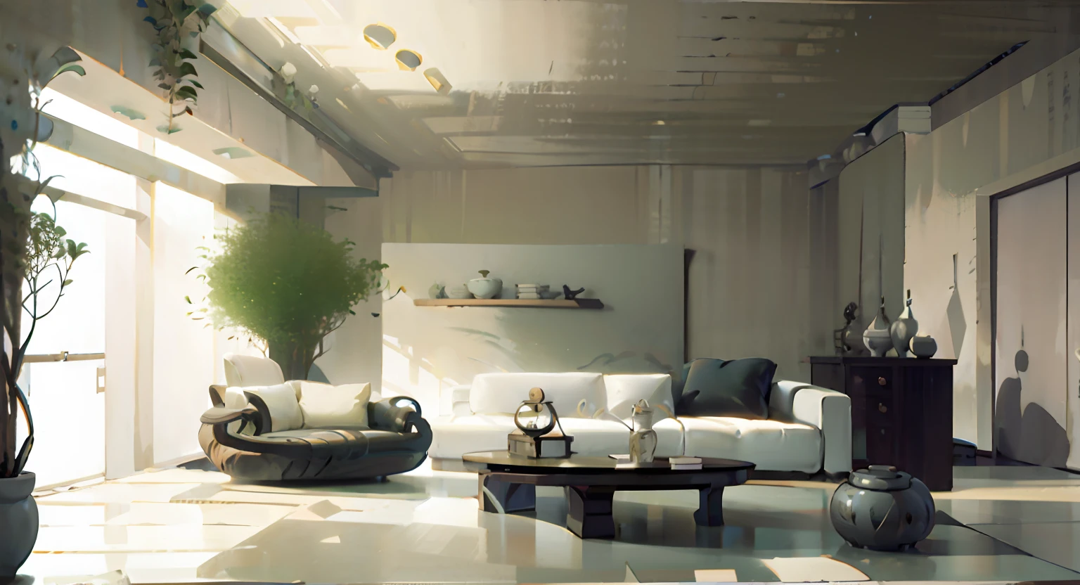 arafed living room with a couch, a chair, table and a large window, cream - colored room, sand - colored walls, beige color scheme, cream and white color scheme, beige and dark atmosphere, neo - classical style, serene and peaceful style, unreal engine 5 highly rendered, rounded ceiling, warm interior, warm interior, detailed unreal engine 5 render