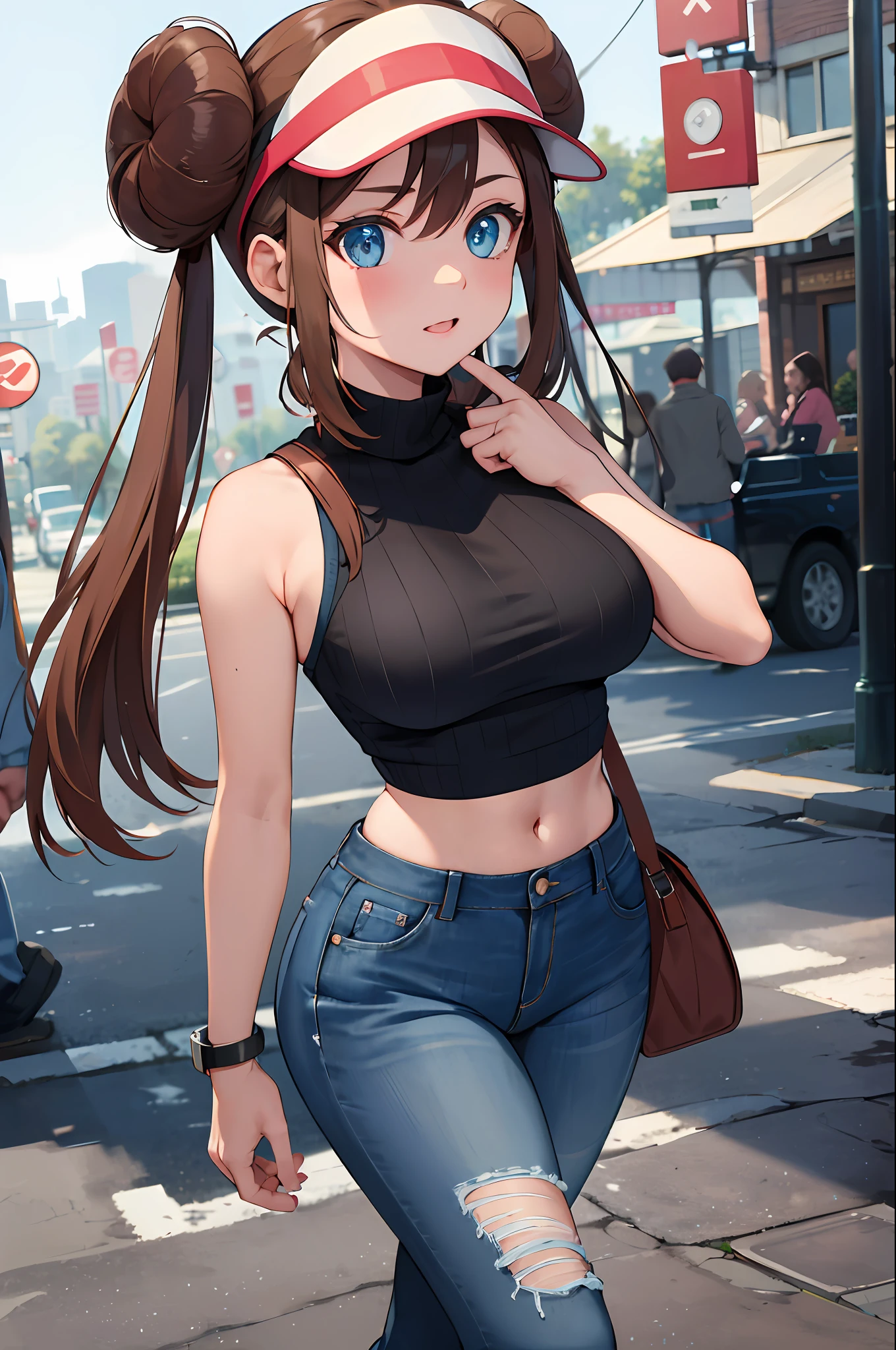 masterpiece, best quality, highres, ro1, hair bun, blue eyes, twintails, visor cap, turtleneck sweater, sleeveless, midriff, torn legwear, jeans, street, standing, walking, large breasts,