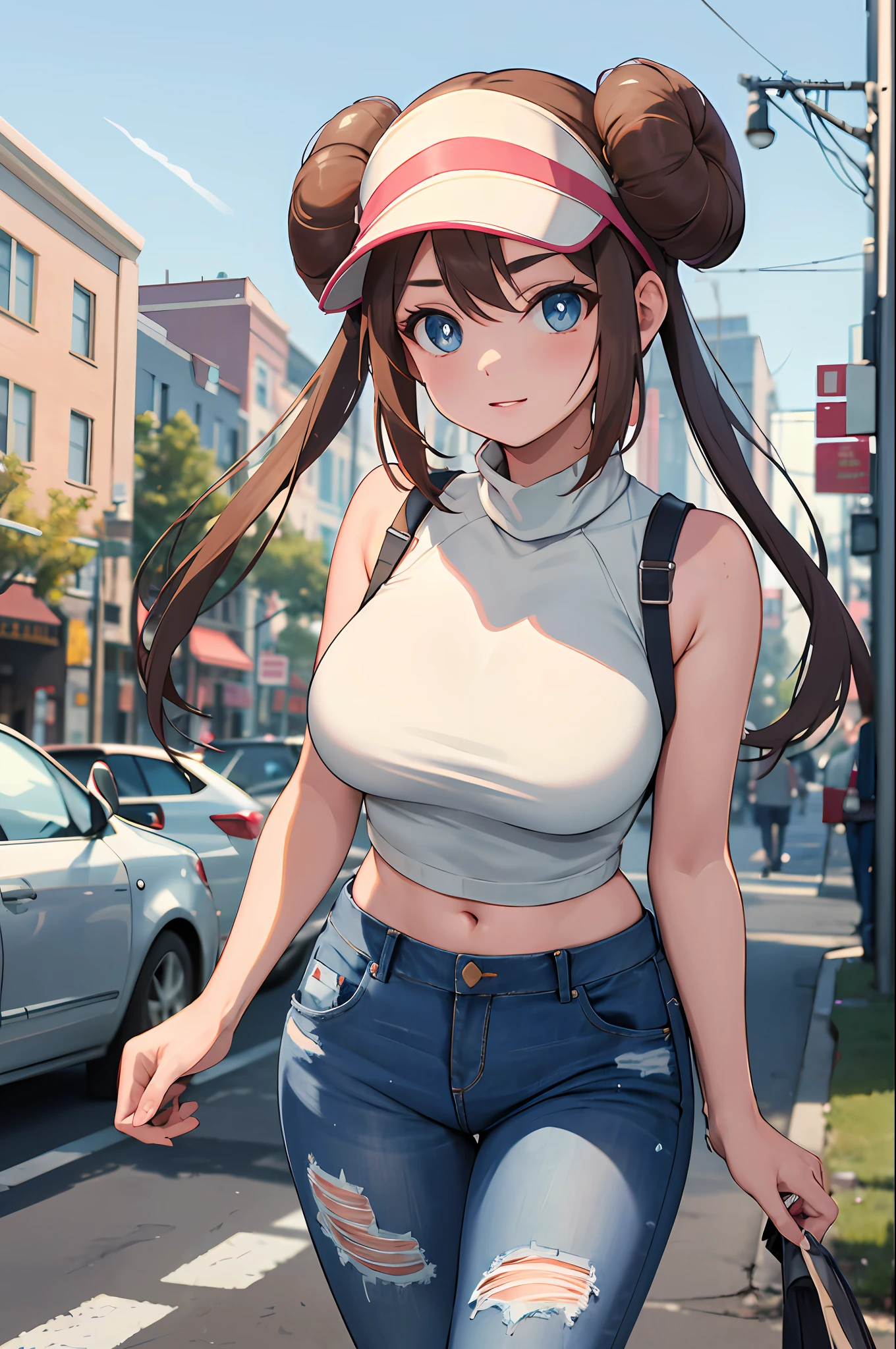 masterpiece, best quality, highres, ro1, hair bun, blue eyes, twintails, visor cap, turtleneck sweater, sleeveless, midriff, torn legwear, jeans, street, standing, walking, large breasts,