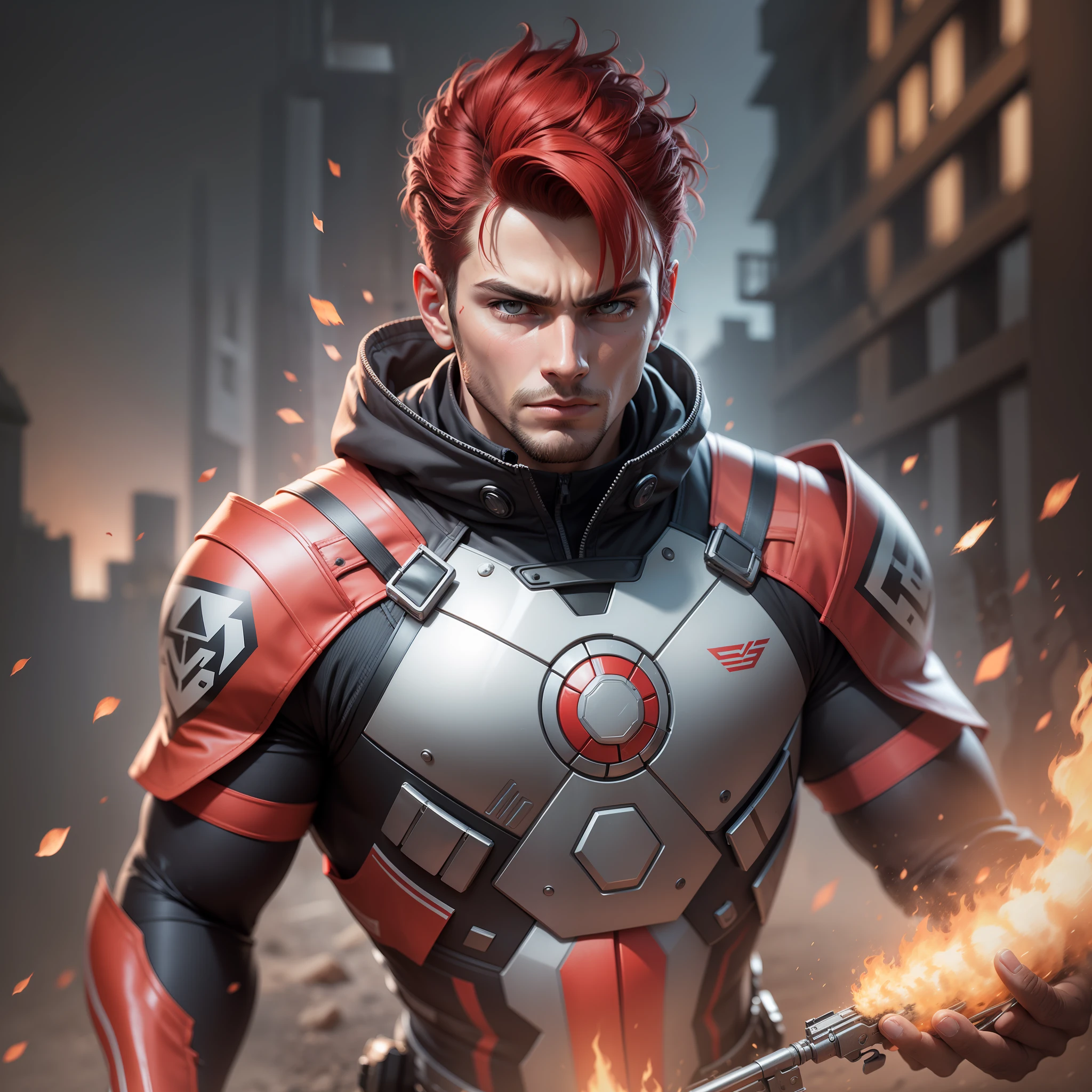 A hero man with synthetic clothing red color, cabelo branco, olhos castanhos, Using firepower in hand, arte realista, imagem detalhada, qualidade 8k,