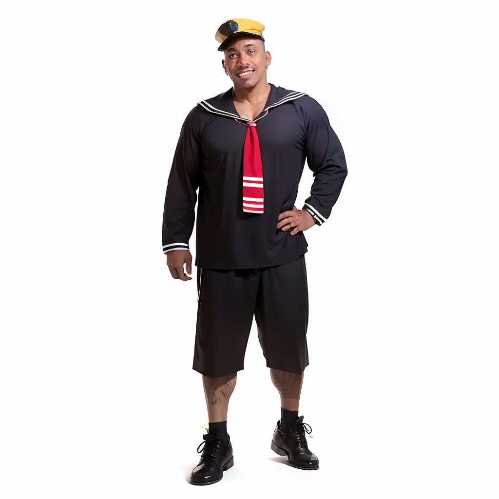 kiko do chaves, pele branca, bonito, sorriso , chapeu colorido, bochecha grande, olhos arregalados, gravata quadrada vermelha, roupa de marinheiro preto com branco, meia amarela e sapato preto Homem de uniforme preto e vermelho posando para foto, roupas de marinheiro, Uniforme de marinheiro, corpo inteiro com traje, wearing dark maritime clothing,  camisa solta colar marinheiro uniforme, fotografia de corpo inteiro, fantasia, tiro de corpo inteiro, corpo inteiro em tiro,, tiro de comprimento de corpo inteiro, foto de corpo inteiro