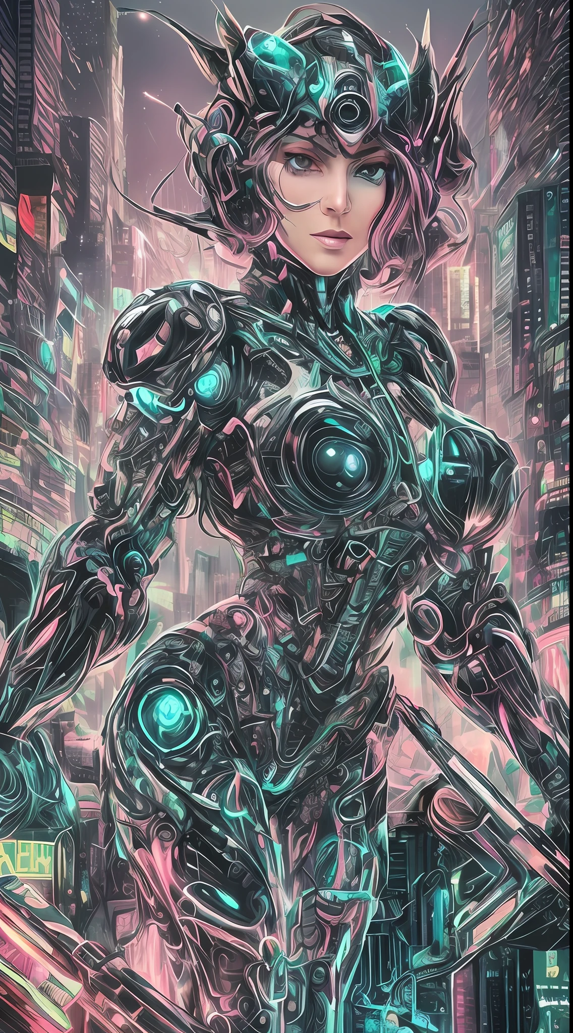 A cybernetic woman with electric eyes, burning metallic hair, iridescent skin with circuited patterns, nails sharp as claws, and a mysterious look. The neon light of the environment reflects on its metallic curves as it rises majestically over a futuristic landscape filled with glittering skyscrapers, bustling streets and flying vehicles. The city is illuminated by a starry sky and a full moon, which add a touch of cosmic charm. The cybernetic woman emanates an aura of power and mystery, evoking the sense of a technological and fascinating future. The image will be executed as a high-resolution photograph, capturing every detail of the cybernetic woman and the environment around her. The photographic style will emphasize neon lighting and metallic sheen, conveying a futuristic and technological atmosphere. The state-of-the-art camera will be used to capture the image, ensuring sharp detail and vibrant colors. --auto --s2