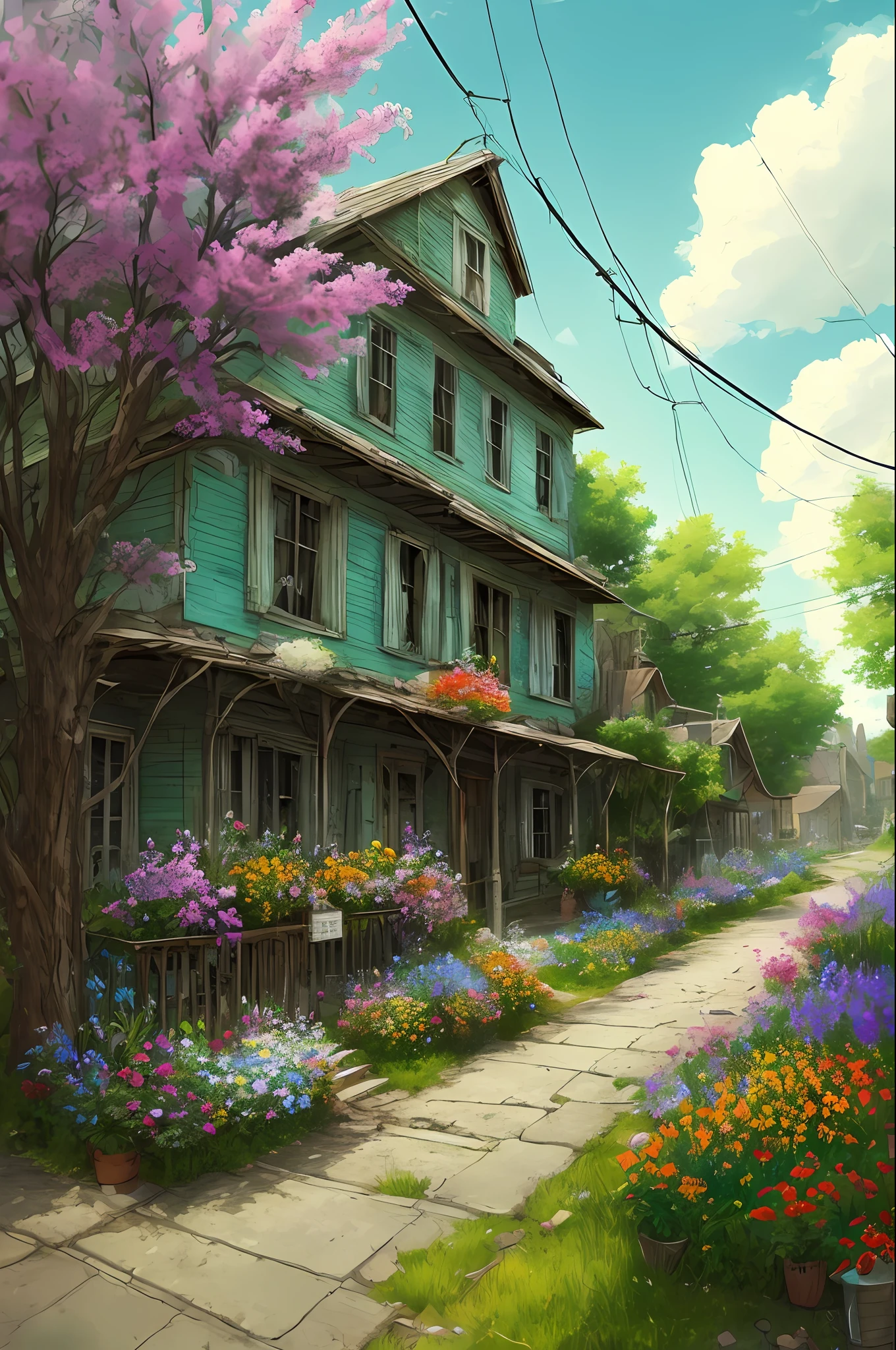very cozy little place, hyper realism, (anime Makoto Shinkai:0.4), old shabby house in city street, home wiring, outdoors, sky, cloud, day, scenery, tree, blue sky, building, sign, wires, railing, wide shot, utility pole, town, wilderness, flowers, a lot of utensils lying around in a mess