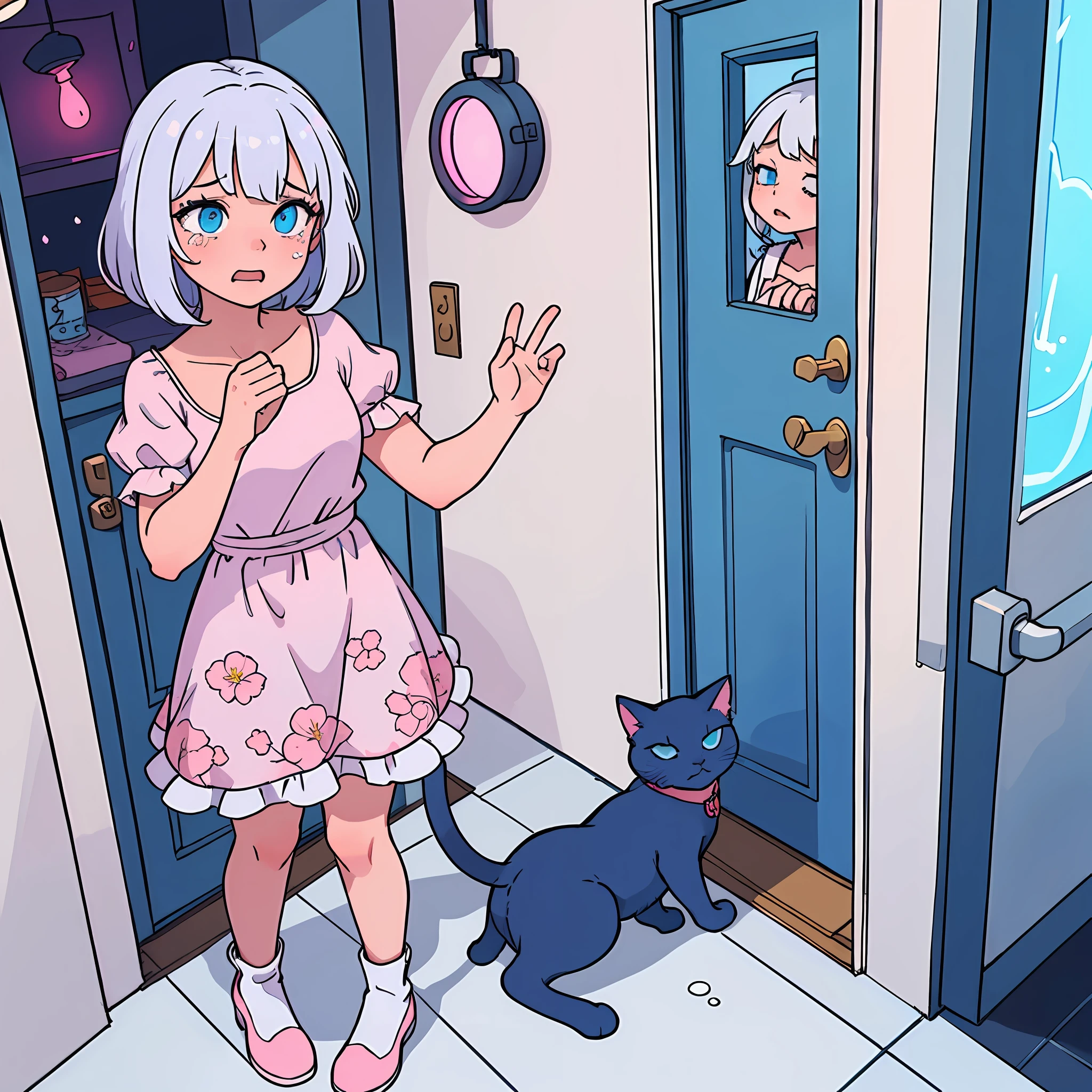 one-girl，streaming tears，Make a farewell gesture，white color hair，Wearing a pink floral dress，Standing in the doorway，blue color eyes，At his feet was a sleeping orange cat，warm lights，HighestQuali，Need，A detailed