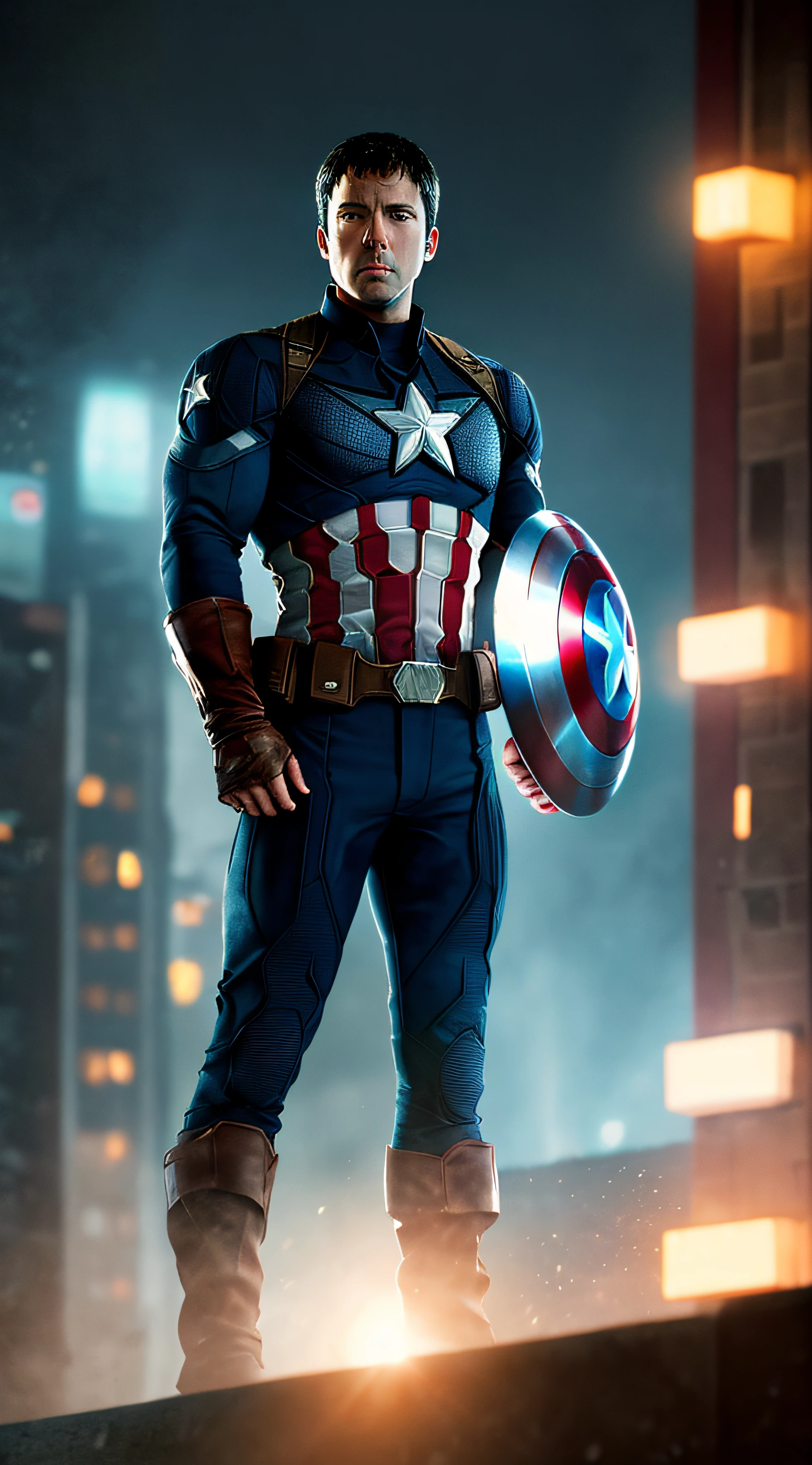 Portrait of Ben Affleck as Captain America, em um ambiente futurista de "Blade Runner", Professional photography with dramatic lighting, porta de nuvem em segundo plano, estilo de Huang-Guang-Jian, all automatically. (In Portuguese of Brazil) --auto