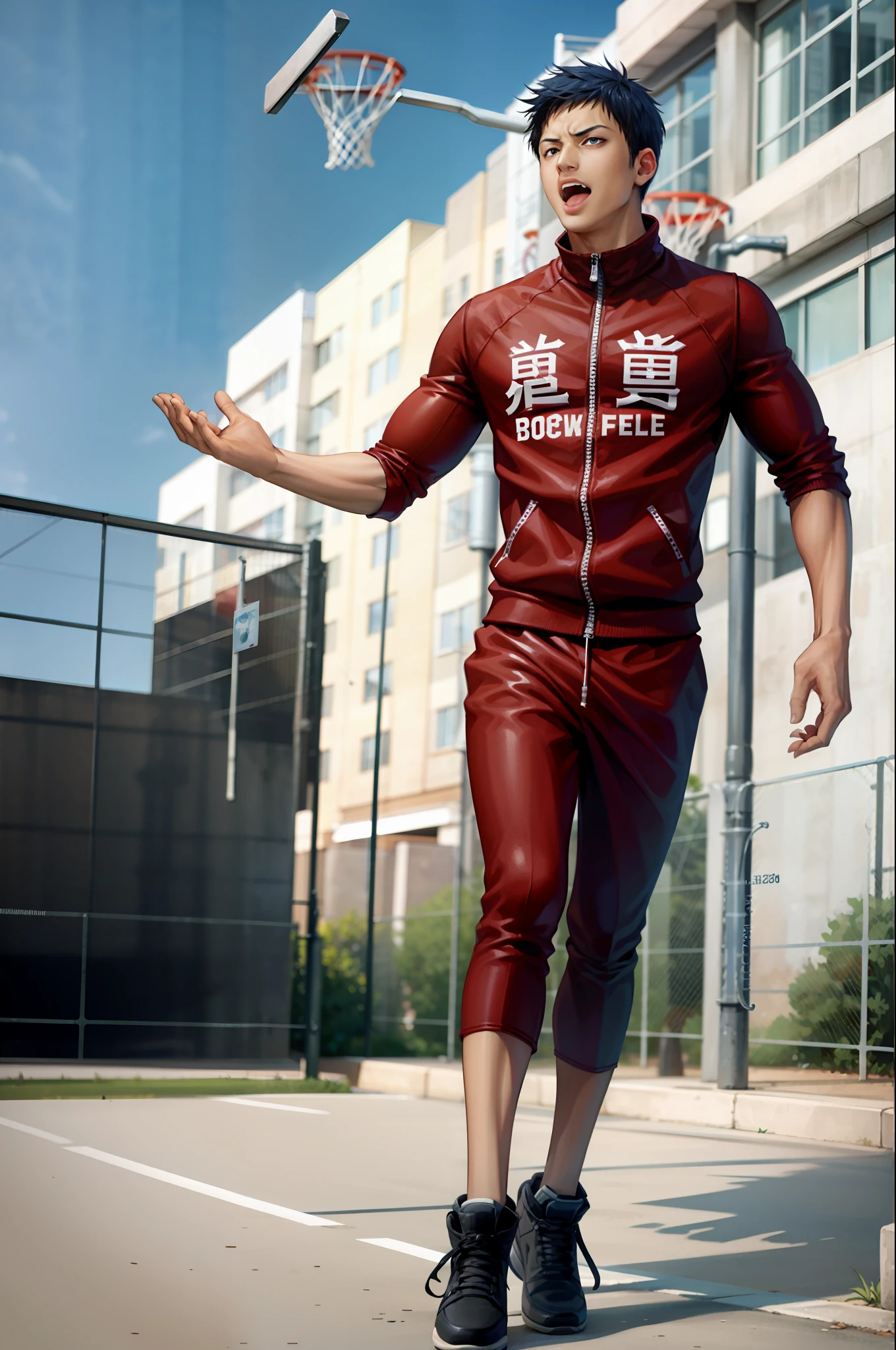 （tmasterpiece，best qualtiy：1.2），seen from the front，独奏，malefocus，1boy，Daiki Aomine，musculous，serious，half-open mouth，track suit，No. 10 red basketball suit，basketball playground