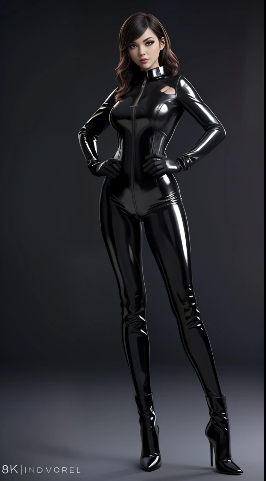 solo, super fine photo, full body photo picture Unreal Engine 5 8K UHD, black color scheme tight and thick latex catsuit, slim body, rubber catsuit, shiny latex catsuit, latex long glove, latex high heels boots, corset, harness, arm and leg cuffs, latex collar, beautiful make up, best quality, masterpiece, unified 8k wallpaper, super detailed, sharp focus, sexy pose,