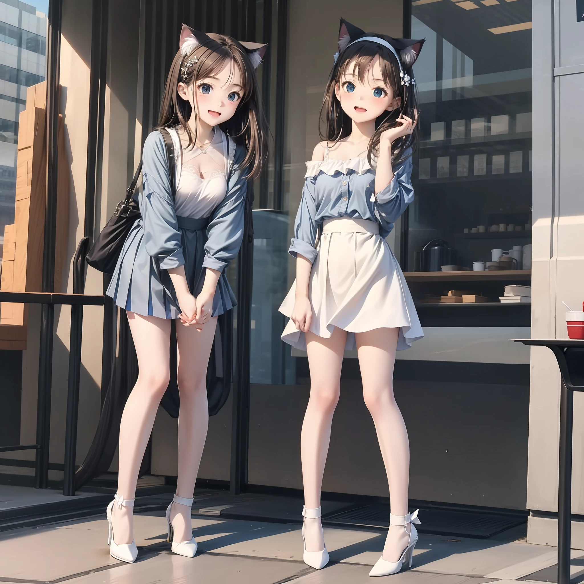 A little loli dressed in blue and white,Extremely shy and feminine posture ,Mouth open,The mouth seems to be longing,There are cat ears,nakeness,Cover private areas with your hands,Wear miniskirts and white stockings、stiletto