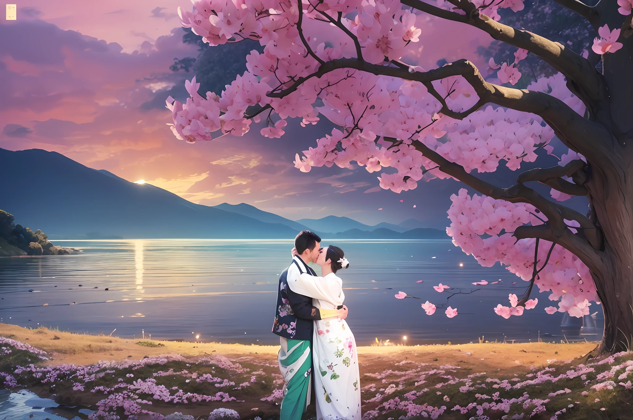 A man and a woman dressed in Hanfu stand under a cherry blossom tree and hug each other, Under the trees is a sea of flowers, Behind the trees is the lake, Across the lake is the mountain, The sunset reflects the sunset, Lotus flowers float on the lake, Several cherry blossoms floated in the air, photore, high detail, Verism, Canon, highres, best quality, high quality, high details, super detail, masterpiece, UHD