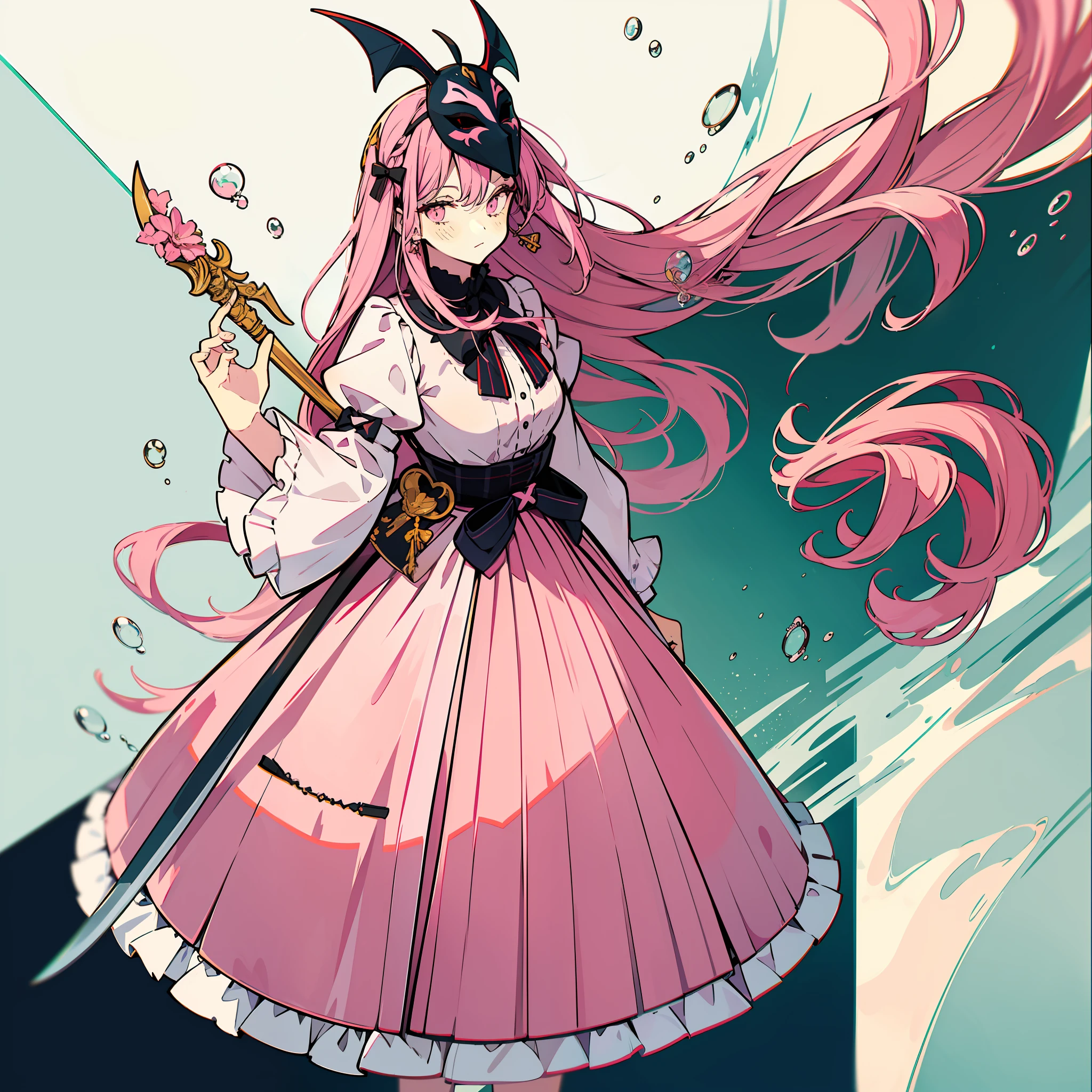 this illustration of a girl in pink dress holding a sword and flowers around her, 1girl, hata no kokoro, mask, weapon, solo, long hair, skirt, pink hair, shirt, mask on head, polearm, pink eyes, bubble skirt, long sleeves, bow, plaid shirt, architecture, full body