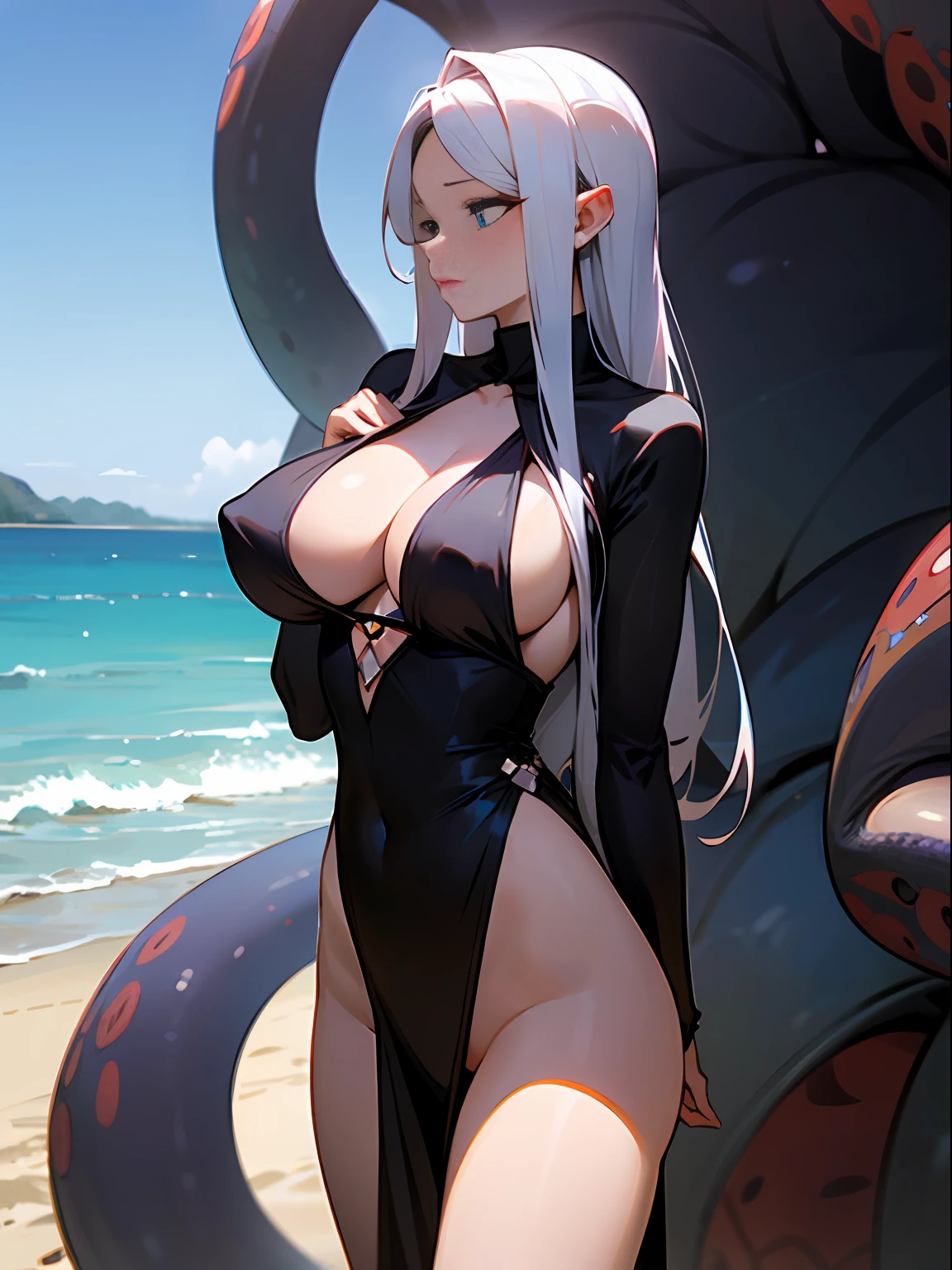Kizi，tentaculata，beachside，Wearing black silk，Raised sexy，big breasts beautiful，Big chest --auto