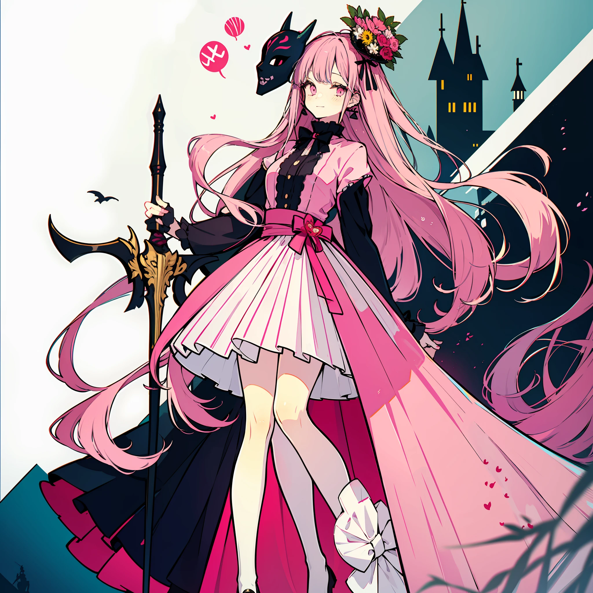 this illustration of a girl in pink dress holding a sword and flowers around her, 1girl, hata no kokoro, mask, weapon, solo, long hair, skirt, pink hair, shirt, mask on head, polearm, pink eyes, bubble skirt, long sleeves, bow, plaid shirt, architecture, full body
