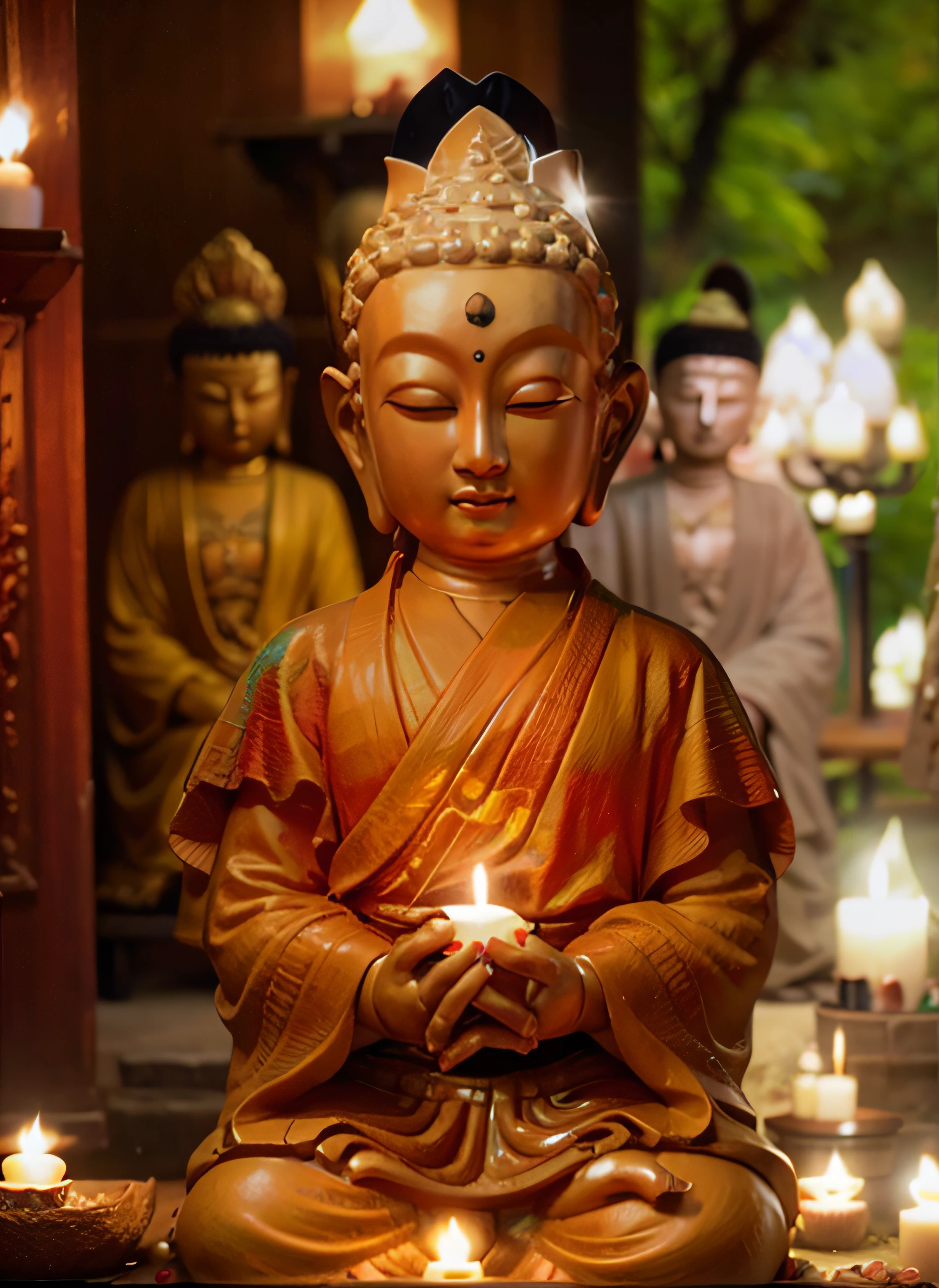 There are candles in front of the Buddha statue，There are other statues in the background, Buddhism, Buddhist, a Buddhist Buddha, Buddha, Buddhist monk meditation, monk meditation, enlightening, Spiritual enlightenment, samsara, On the road to enlightenment, The Hindu phase of meditation, buddhist art, On the road to enlightenment, enlightening. Intricate, prayer meditation, Enlightened, buddhist monk, Zen meditation