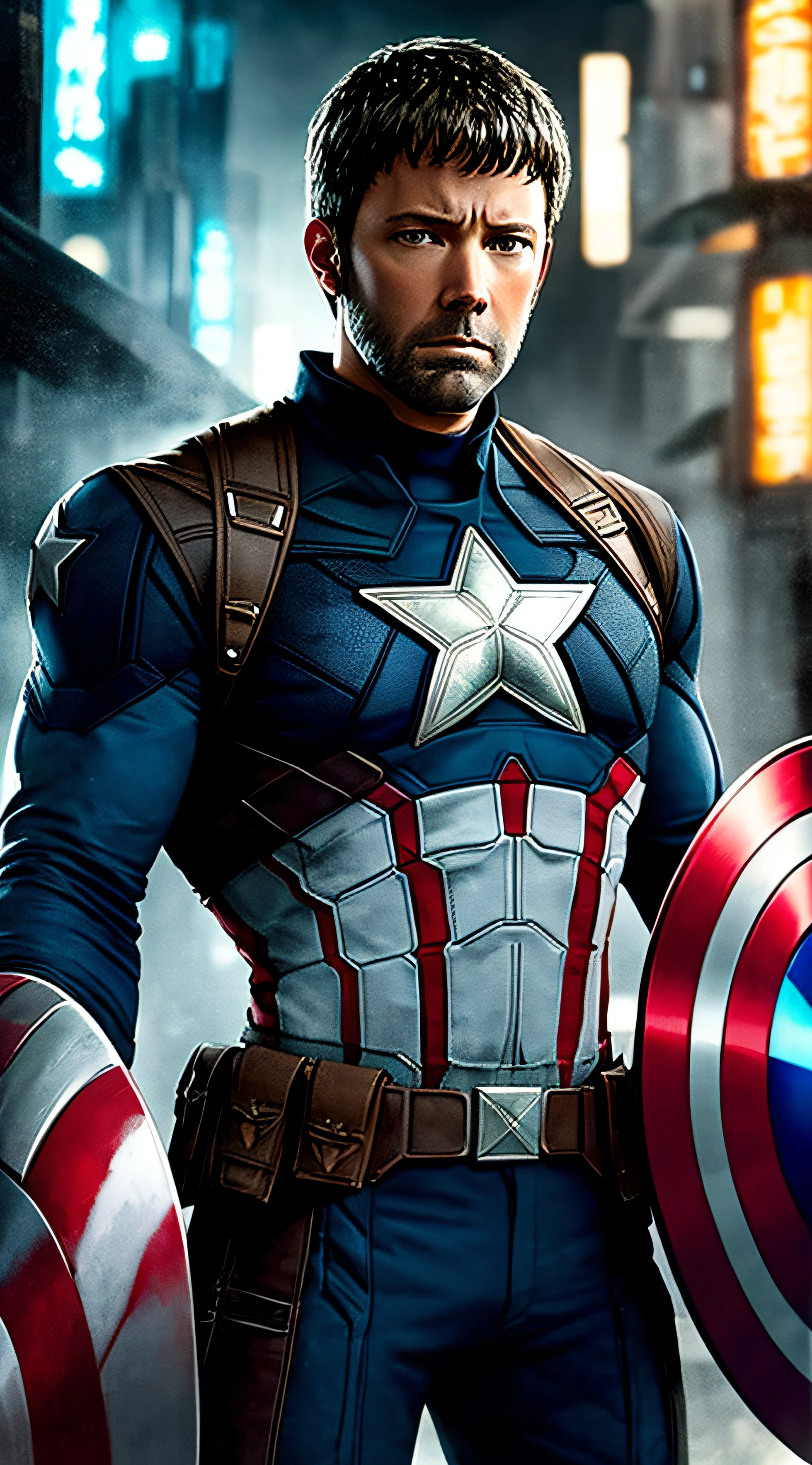 Portrait of Ben Affleck as Captain America, em um ambiente futurista de "Blade Runner", Professional photography with dramatic lighting, porta de nuvem em segundo plano, estilo de Huang-Guang-Jian, all automatically. (In Portuguese of Brazil) --auto