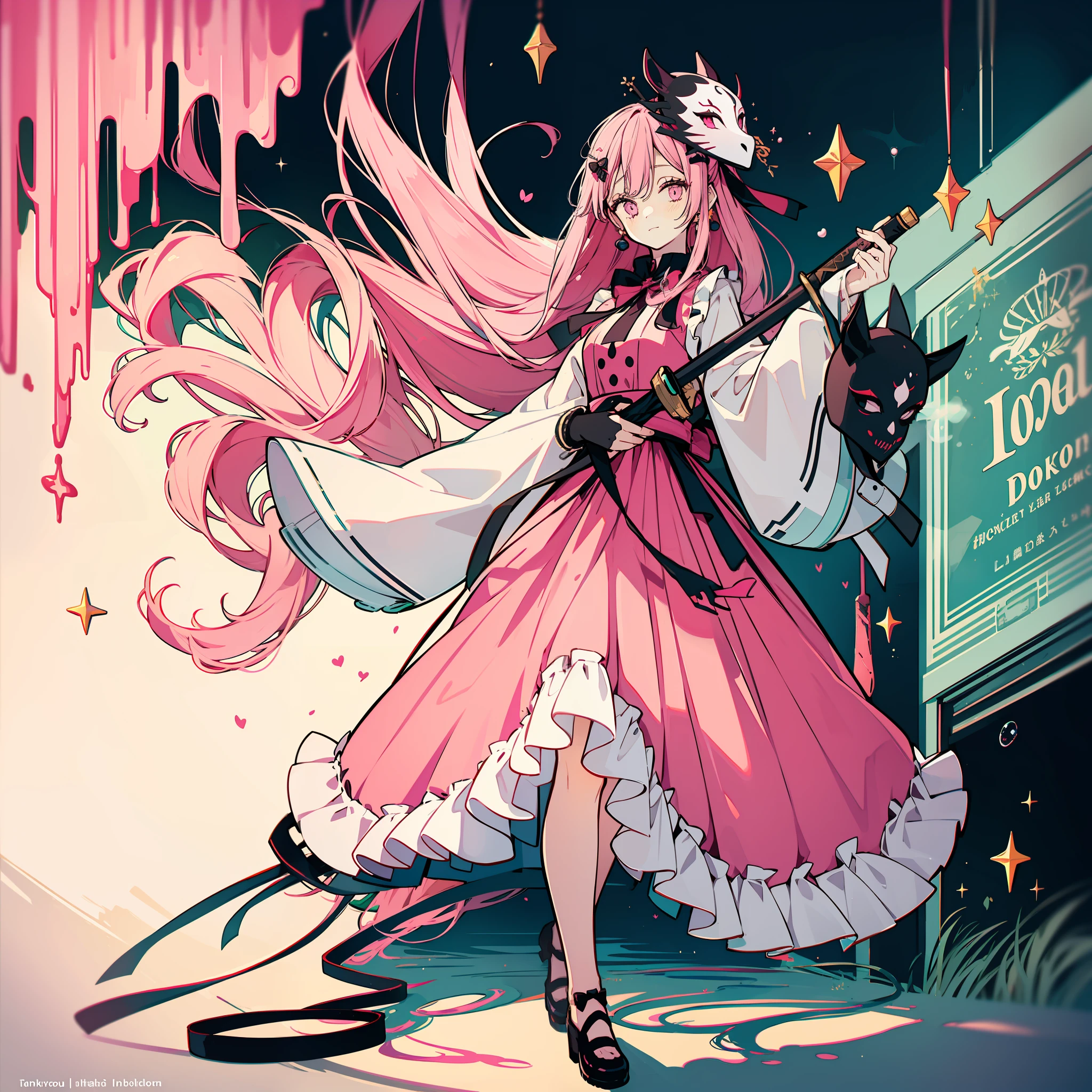 this illustration of a girl in pink dress holding a sword and flowers around her, 1girl, hata no kokoro, mask, weapon, solo, long hair, skirt, pink hair, shirt, mask on head, polearm, pink eyes, bubble skirt, long sleeves, bow, plaid shirt, architecture, full body