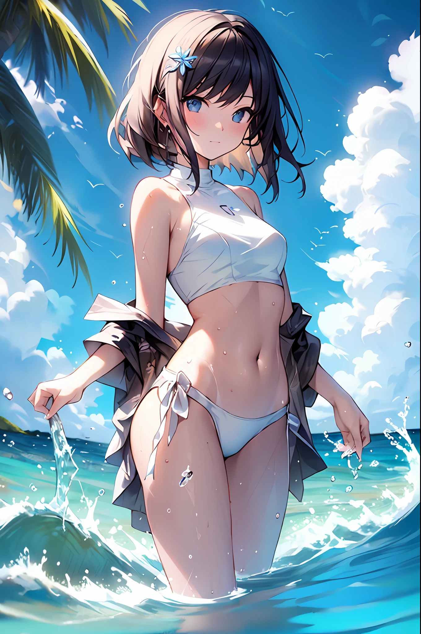 ocean, water, beach, 1woman, swimsuit, solo, wading, navel, outdoors, day, waves, partially submerged, shore, madeon