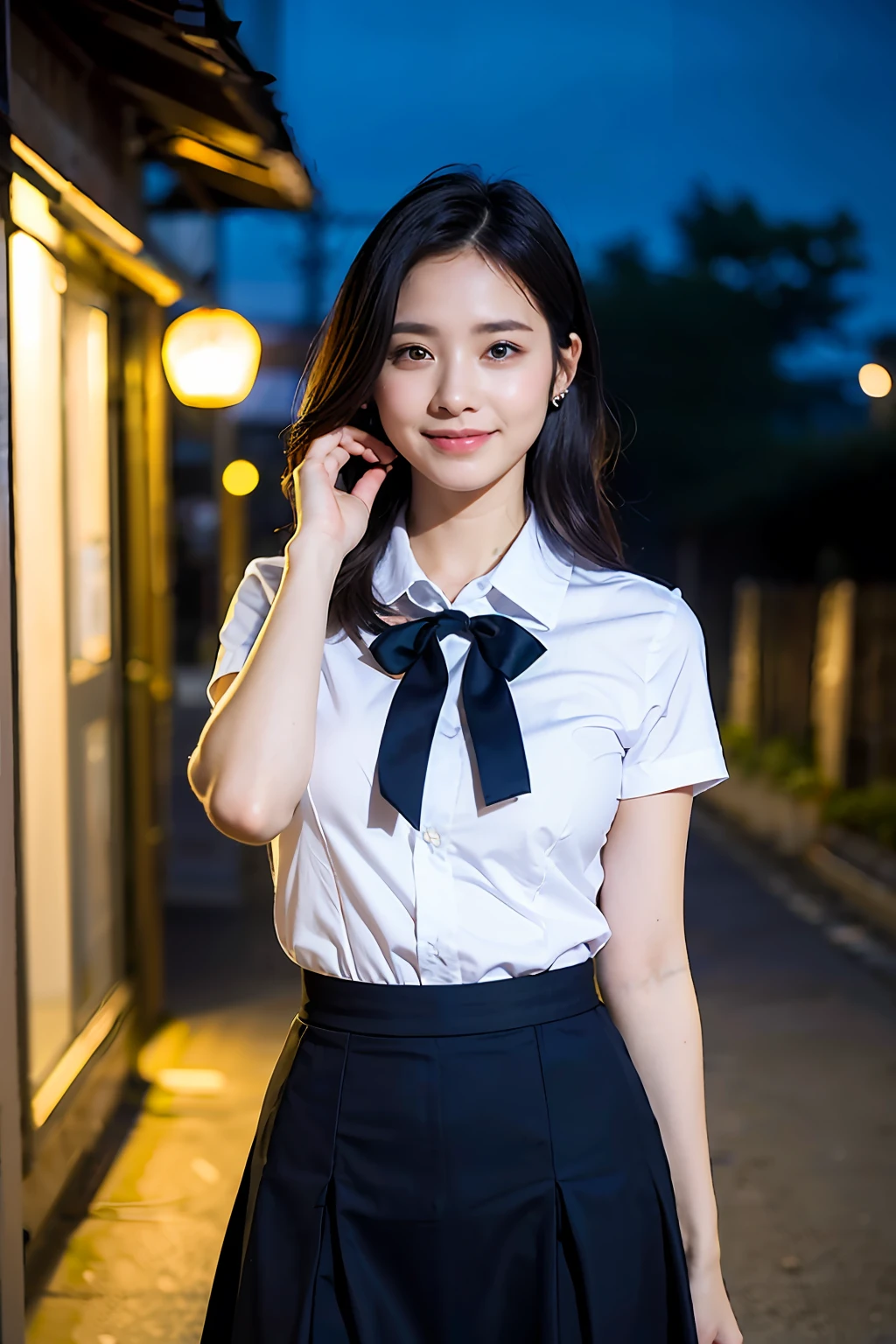 (8k, RAW photo, best quality, mastery:1.3),(realistic,photo-realistic:1.37),(night),(looking viewer:1.331),(white hair),posing,Tokyo street,nightcityscape,cyberpunk city,soft light, 1girl, extremely beautiful face, perfect body proportions, focal length, bust, casual hairstyle, smile, big eyes, (short sleeves JK_shirt), JK_style, (navy JK_skirt), (bow JK_tie), mix4, detailed eyes