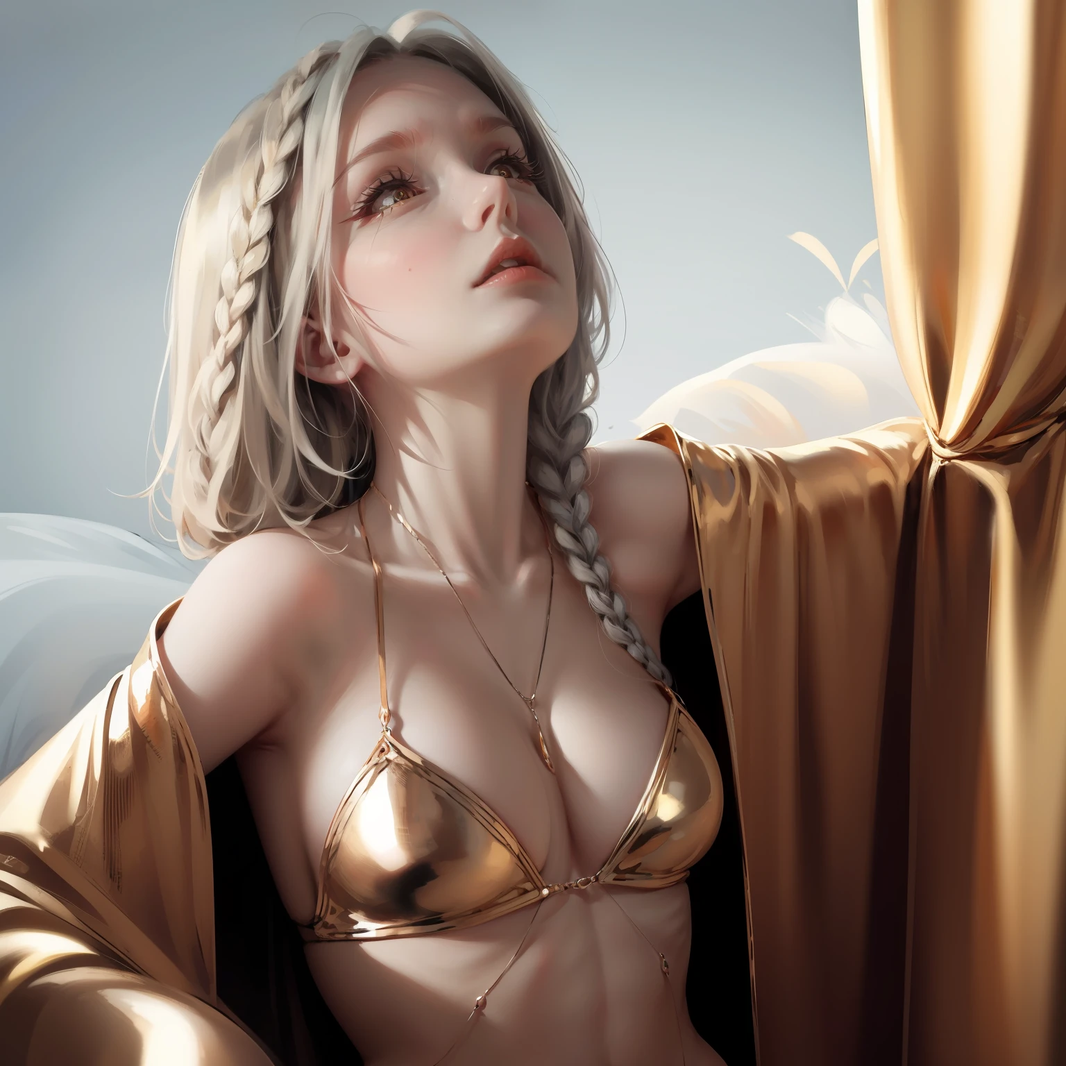 white skinned,whaite hair,long braid,Golden eyes,Look up,The upper part of the body,Need,tmasterpiece,Raised sexy --auto