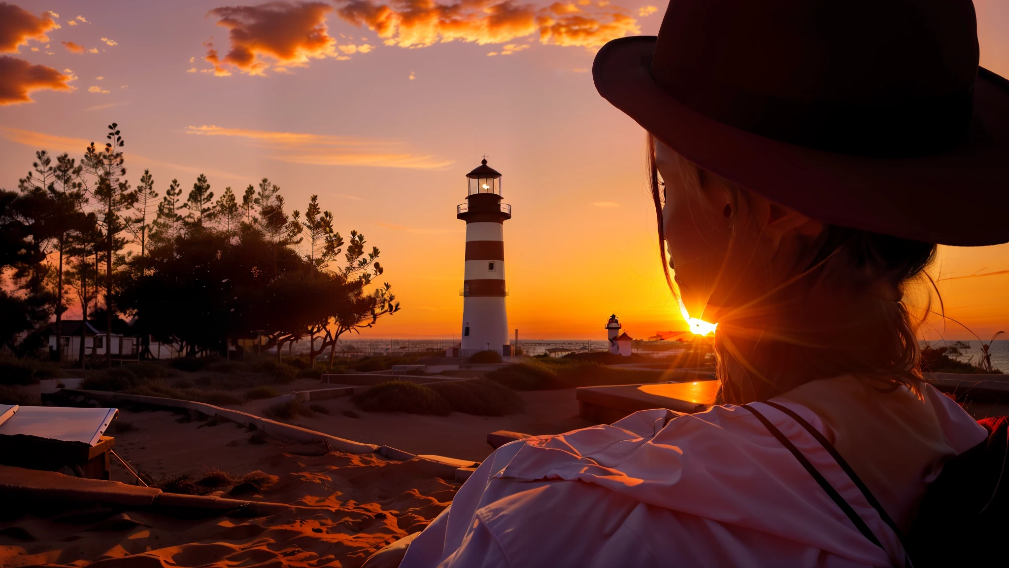 Alafi looks at the lighthouse at sunset,A woman in a hat, With sunset, with a sunset, watching the sunset, late sunset, taken at golden hour, watching the sunset, late sunset, at a beautiful sunset, looking out at a sunset, girl watching sunset, At sunrise, Sunset in background, sunsettime, during sunrise, at the sunset