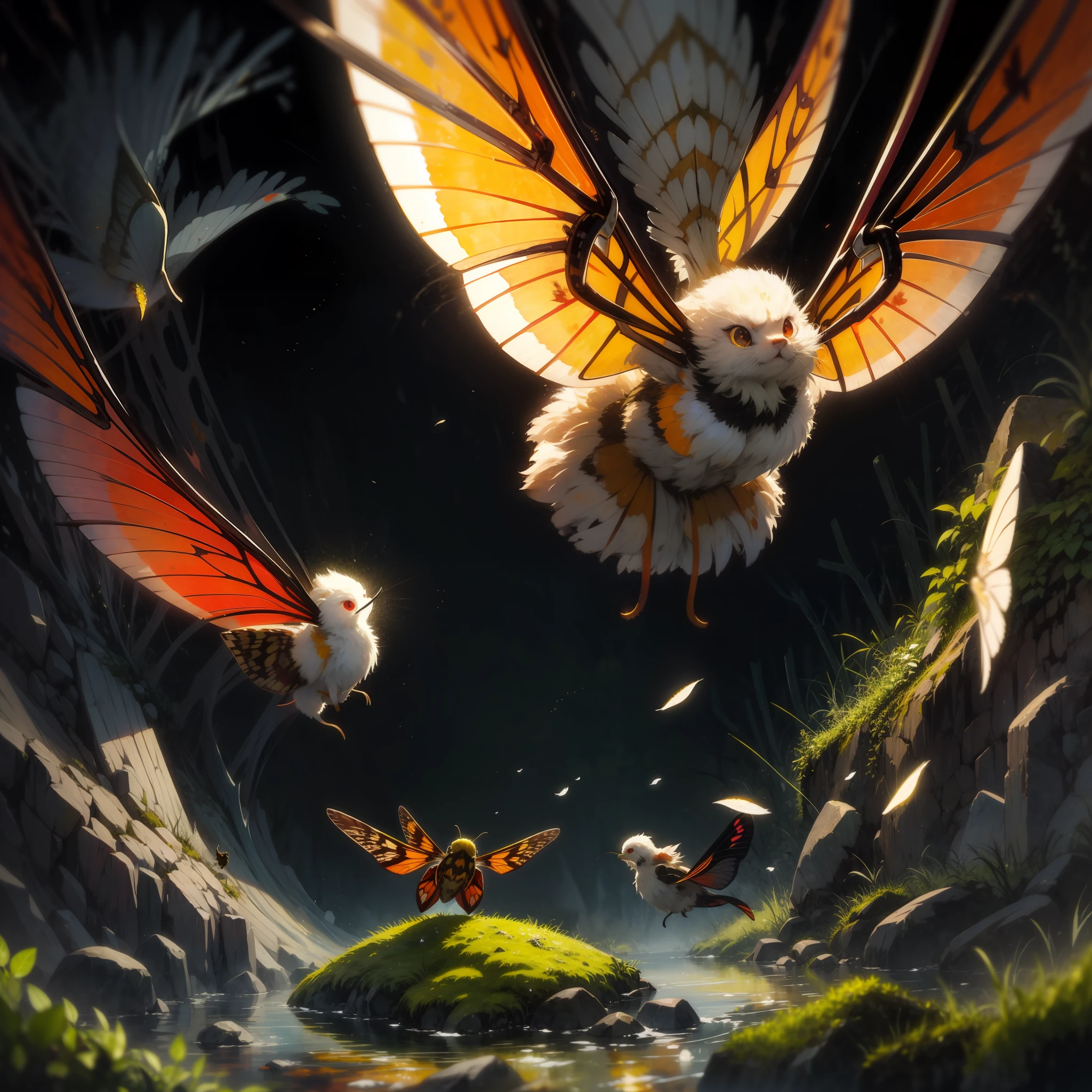 Ancestor Moth Swarm, wings of orange with red markings and glowing yellow, flying around a moss covered rock, masterpiece, best quality, (in watercolor painting style)