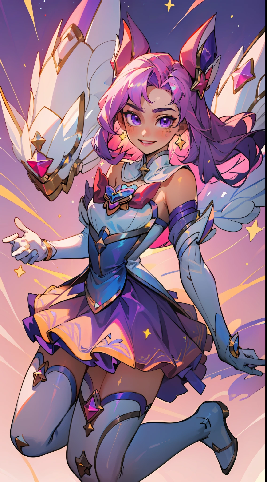 (masterpiece, best quality),  intricate details, 8k, artstation, wallpaper, official art, splash art, sharp focus,
1girl,   Star_Guardian_Kai'Sa, white_legwear, white_gloves, pink_skirt,, smile, (yellow blue purple theme)