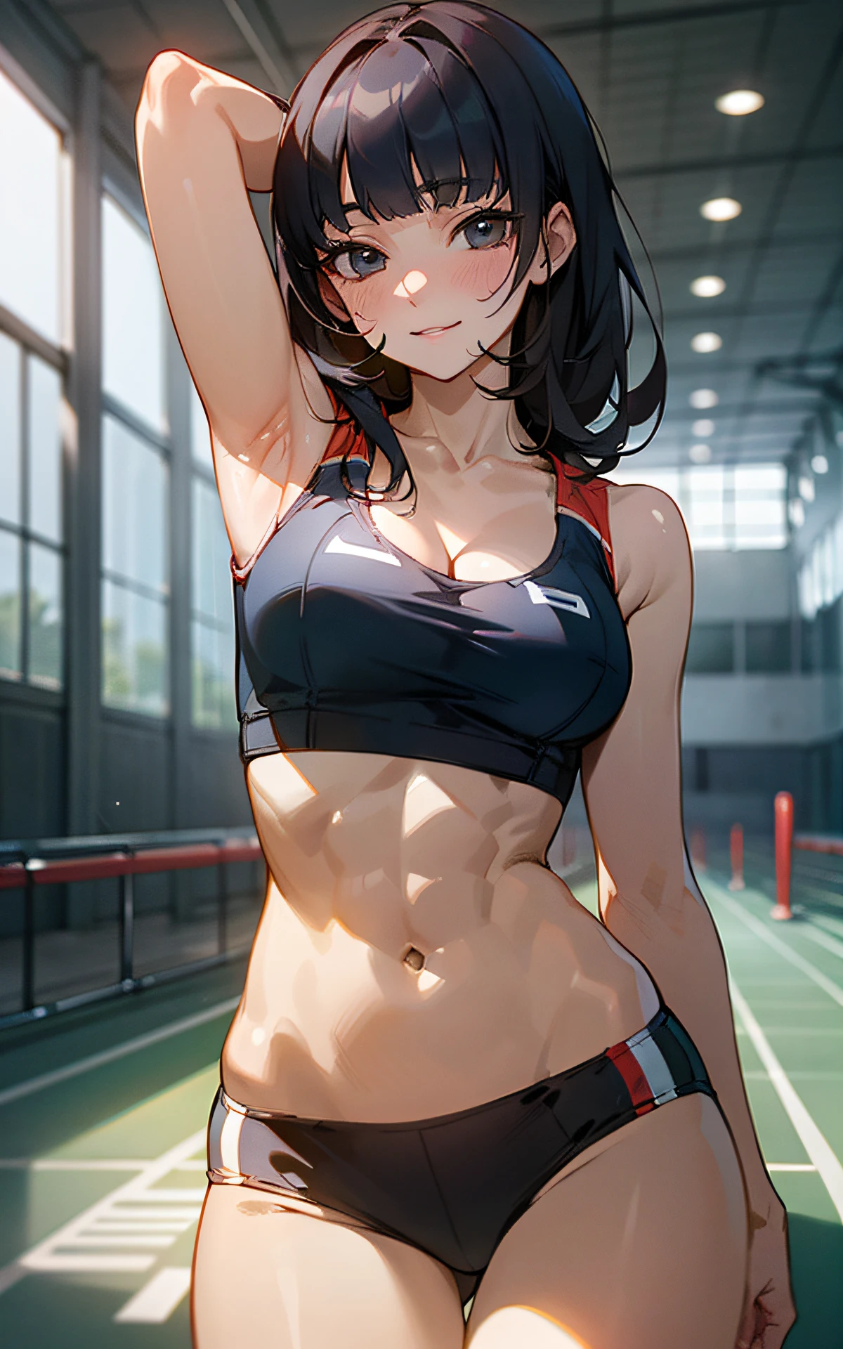 (Original Character、Unity 16K Wallpaper, Masterpiece, Best Quality, Ultra-Detailed, Extremely Detailed CG, Caustics, Cinematic Lighting, Detailed, Beautiful Detailed Eyes, solo), Ultra High Resolution, fine skin, (track and field:1.2) 、(strong light)、oily skin,smile , from front:1.2、(sexy women)、Arena、separate、micro racing bloomers、show off belly,show off neck,sunny day、cowboy shot,layered hair,blush,stretch,blunt bangs, black eyes,abs,kawaii,perspired,cleavage、running shirt,supine