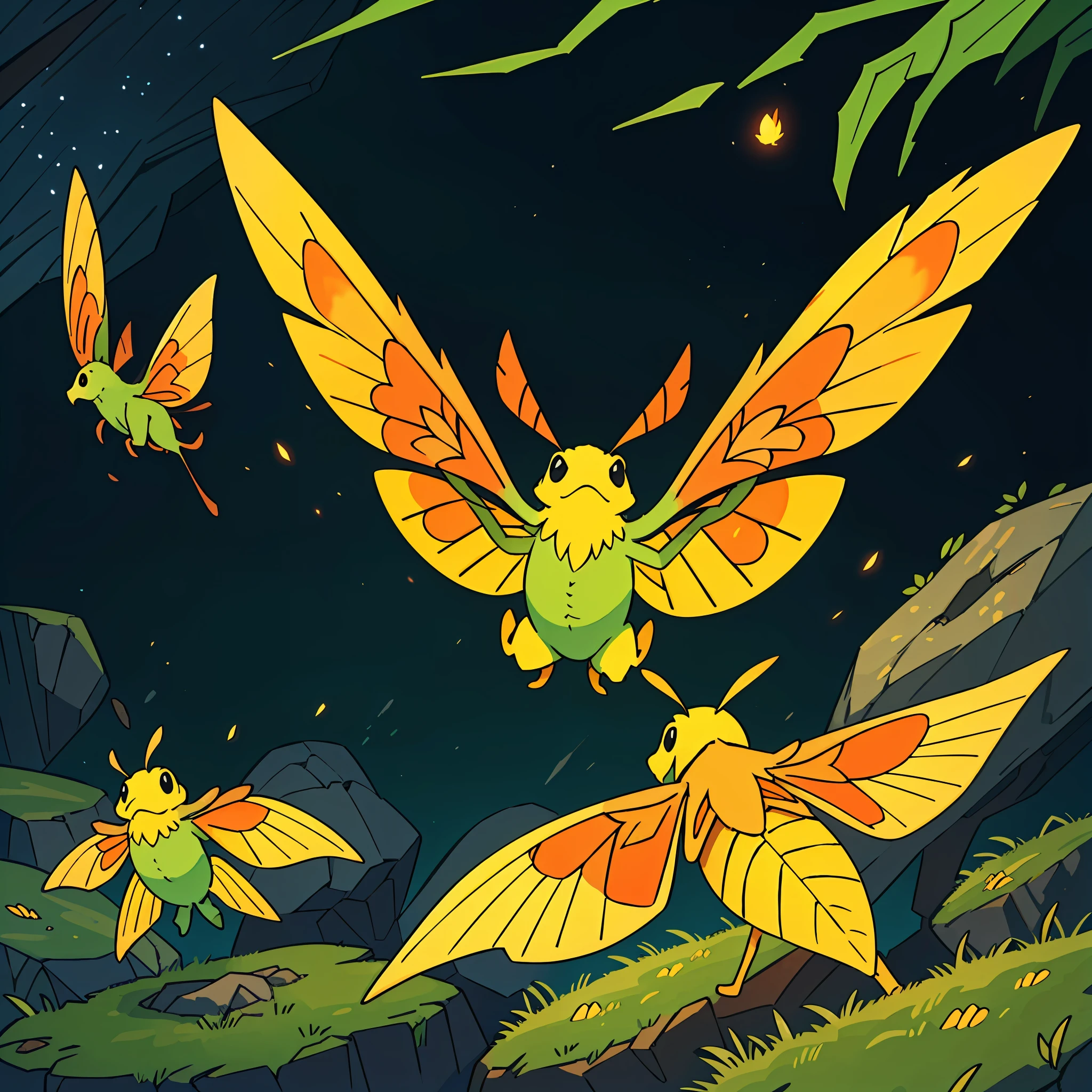 Ancestor Moth Swarm, wings of orange with red markings and glowing yellow, flying around a moss covered rock, masterpiece, best quality, (in watercolor painting style)