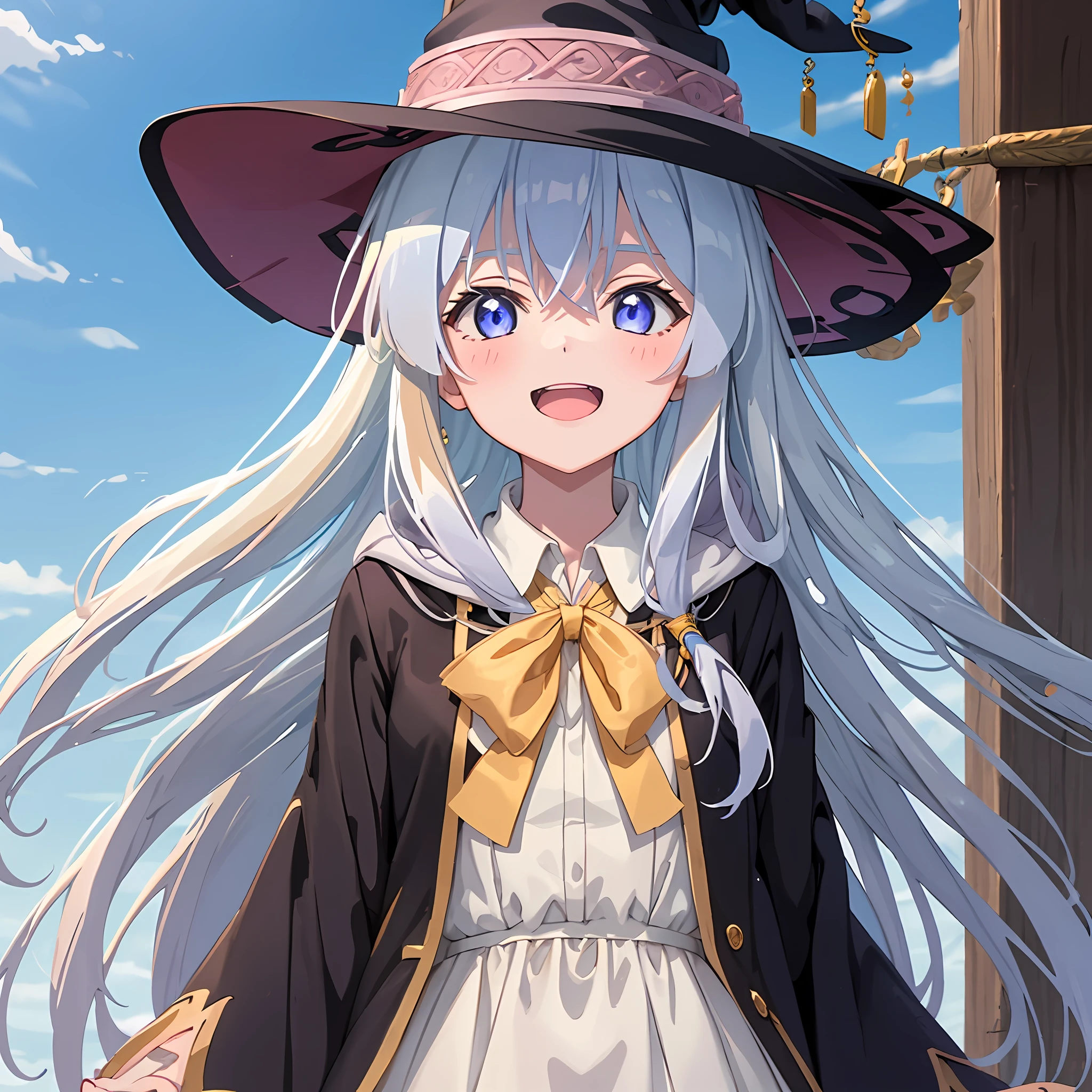 (masterpiece:1.6, best quality), (finely detailed beautiful eyes: 1.2), phelaina, Eouftit3, Eof3, 1girl, elaina (majo no tabitabi), solo, witch hat, long hair, black headwear, blue eyes, collared shirt, hair between eyes, white shirt, ribbon, yellow ribbon, bangs, upper teeth only, teeth, neck ribbon, bow, witch, open clothes, blush, anime coloring, hood, yellow bow, jewelry, floating hair, yellow bowtie, shiny hair, bowtie, black robe, wing collar, open robe, purple eyes, dress shirt
, anime color,