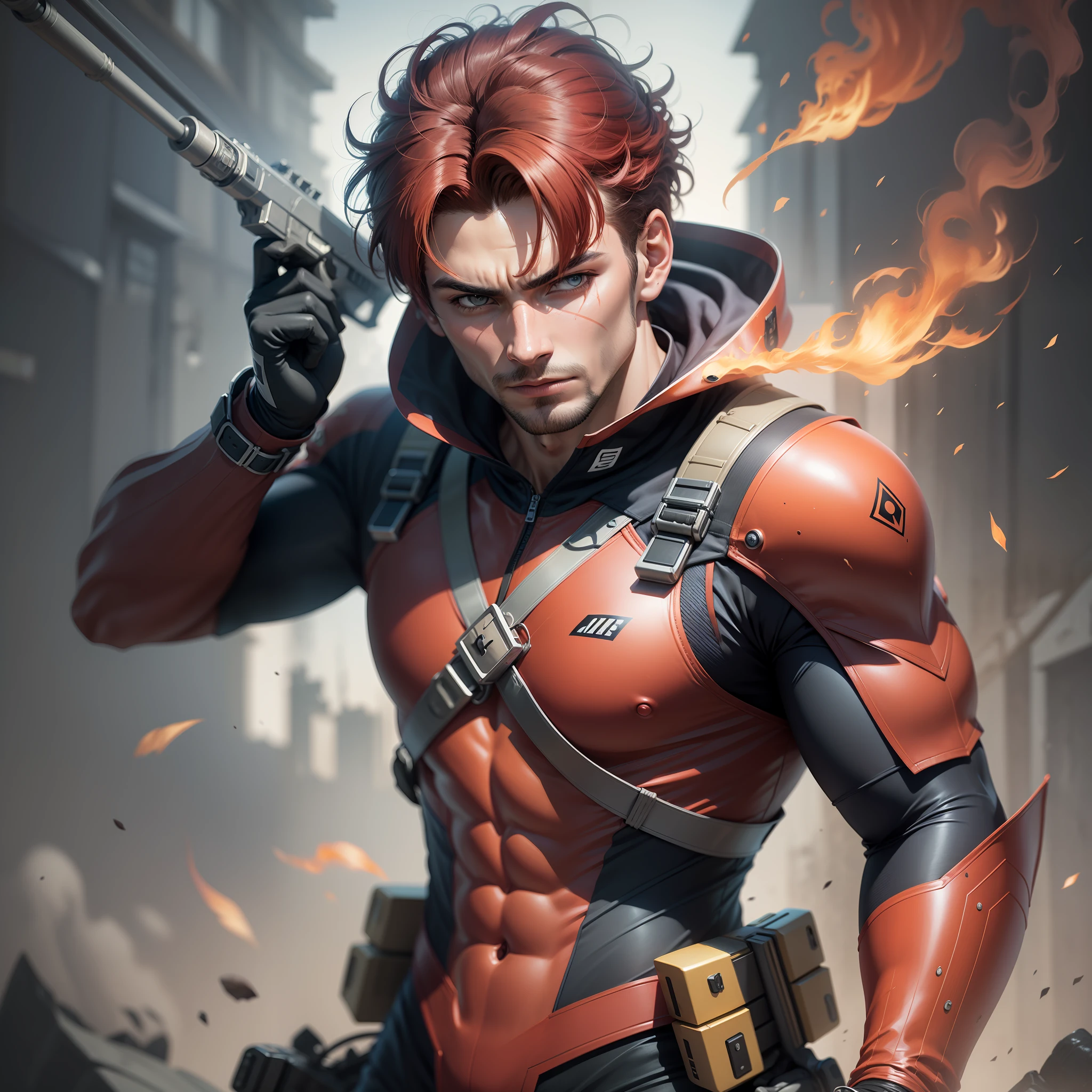 A hero man with synthetic clothes red color, Cabelo branco, olhos castanhos, Using firepower in hand, Arte realista, imagem detalhada, qualidade 8k,