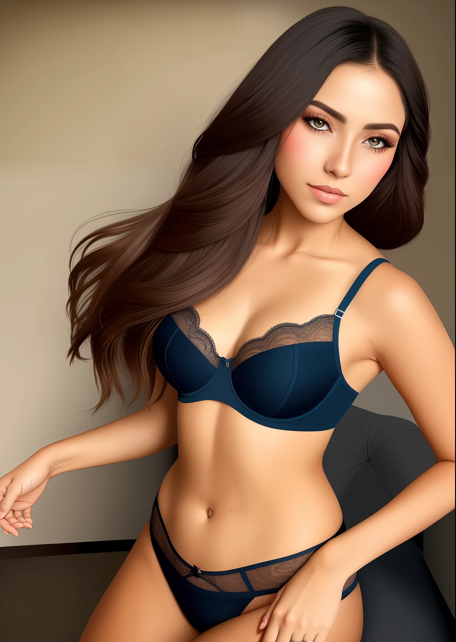 "((obra-prima)), melhor qualidade, ultra-detailed fingerprinting, realistic strokes, High resolution image, dinamic angle, dinamic pose, pele morena,(1 mulher), voluminous braided hair:1.3, Featured bra, beijo profundo, olhos expressivos, penteado moderno, luz suave, sombras perfeitas. "