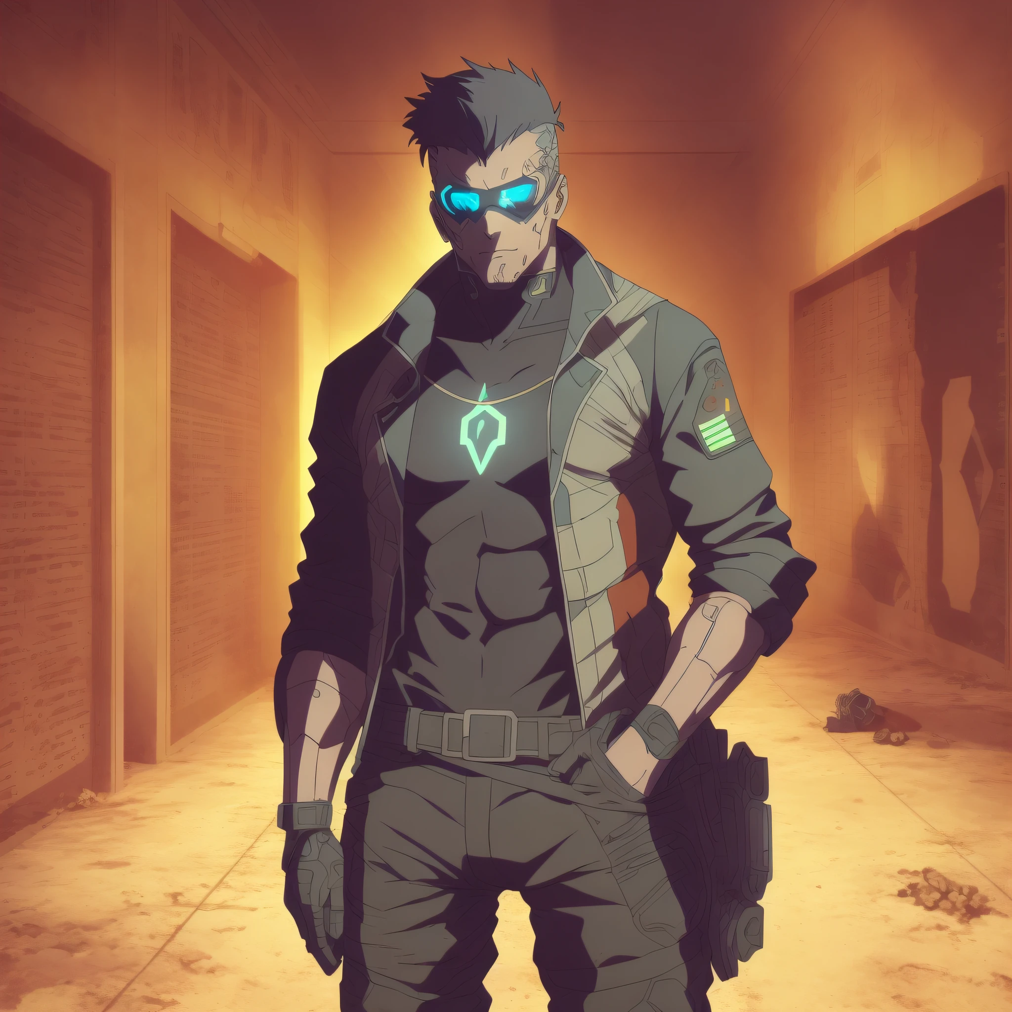 Create Shadowrun-inspired artwork of a male human character with a normal body and average height, with prosthetic cybernetic arms , vestindo camiseta, sobretudo de trincheira preta, Estilo detetive Noir, Estilo Shadowrun, dystopian bounty hunter, detetive