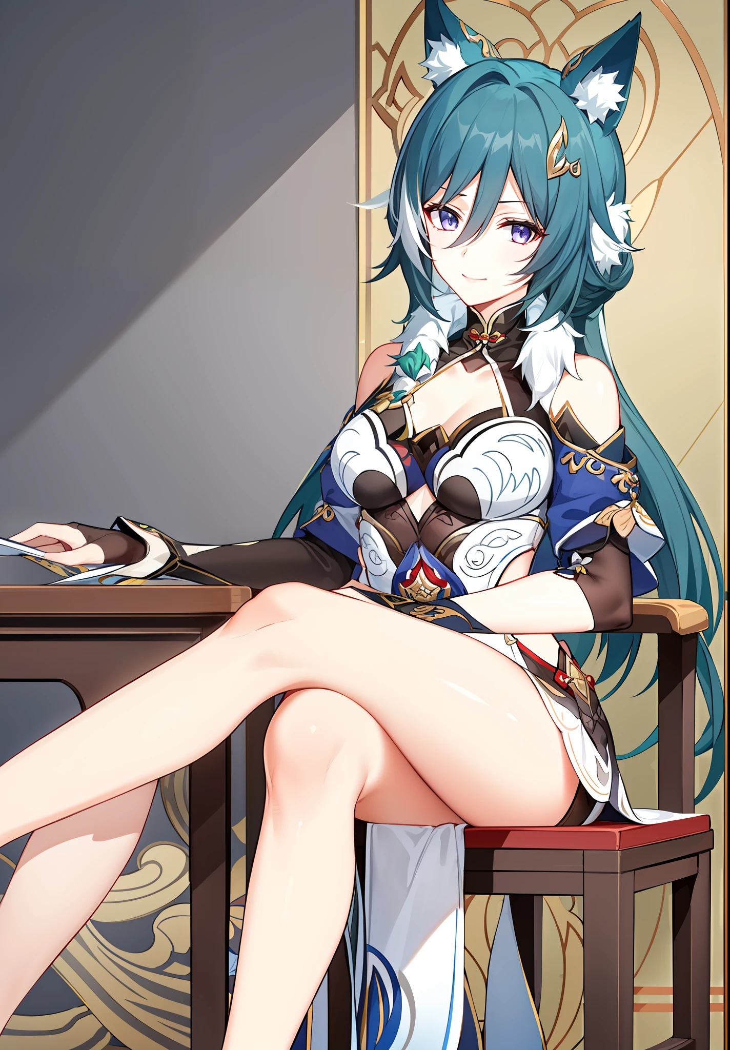 tmasterpiece，Best quality at best，A high resolution，
Yukong， 1girl， 独奏， sitted， By bangs， crossed legs， looking at viewert， Keep one's mouth shut， ssmile， exposed bare shoulders， janelas， inside in room， a chair， leges， desks， Chinese cloth，Bare upper body