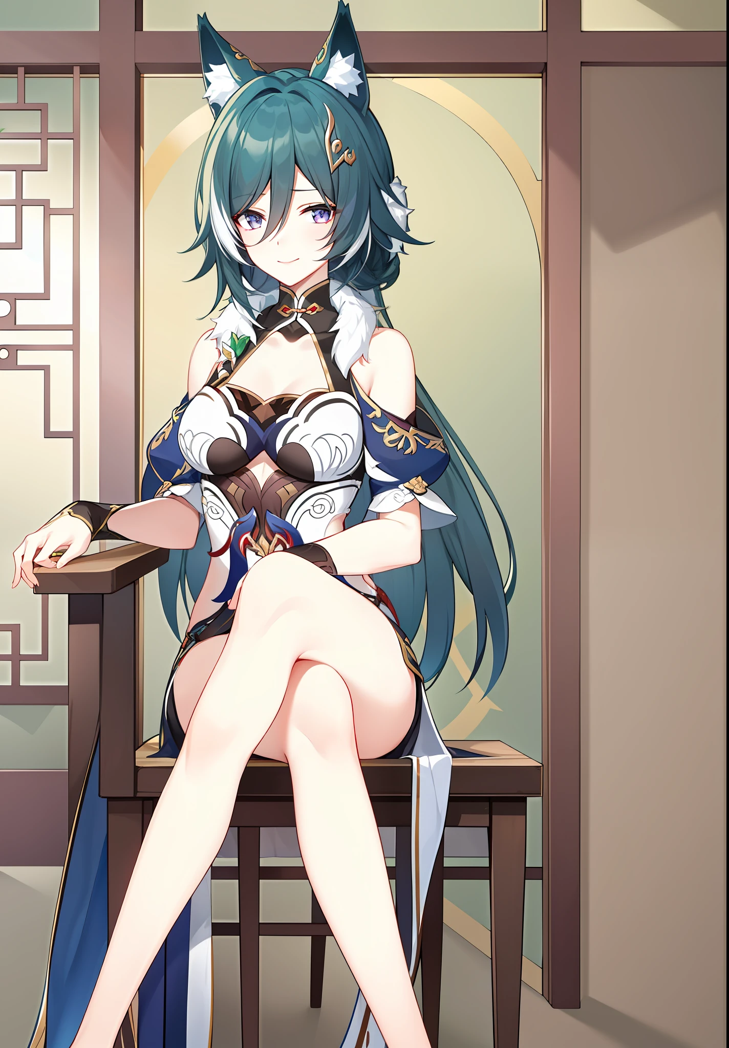 tmasterpiece,Best quality at best,A high resolution,
Yukong, 1girl, 独奏, sitted, By bangs, crossed legs, looking at viewert, Keep one's mouth shut, ssmile, exposed bare shoulders, janelas, inside in room, a chair, leges, desks, Chinese cloth,Bare upper body